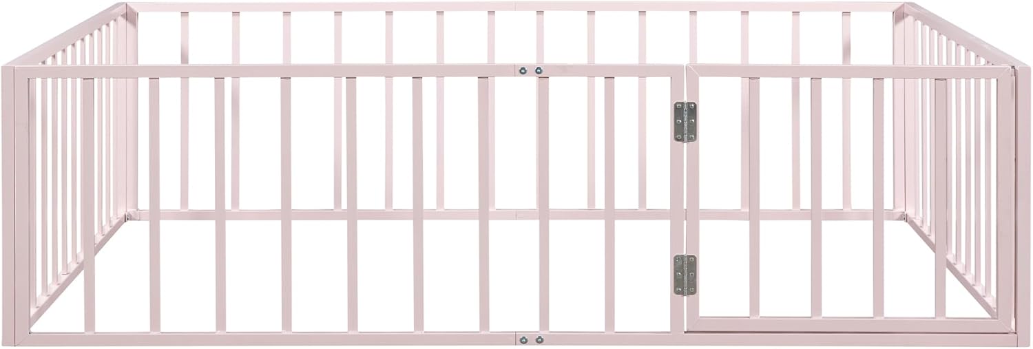 Cama de suelo de tamaño matrimonial para niños, camas Montessori con rieles y puerta, marco de cama de metal con valla para niños y niñas, rosa