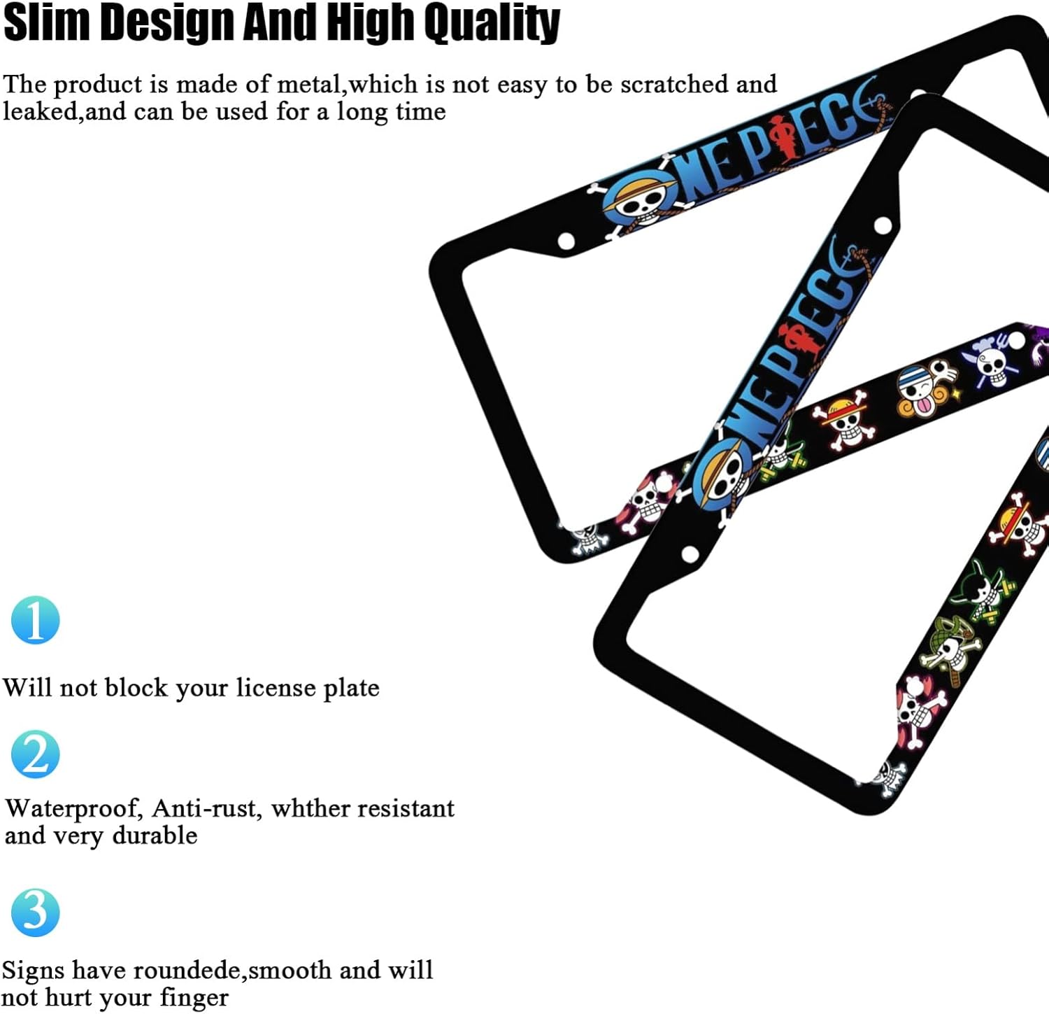 Juego de 2 marcos de matrícula de anime, juego de 2 fundas de matrícula de dibujos animados, diseño compuesto de aluminio de calidad, accesorios