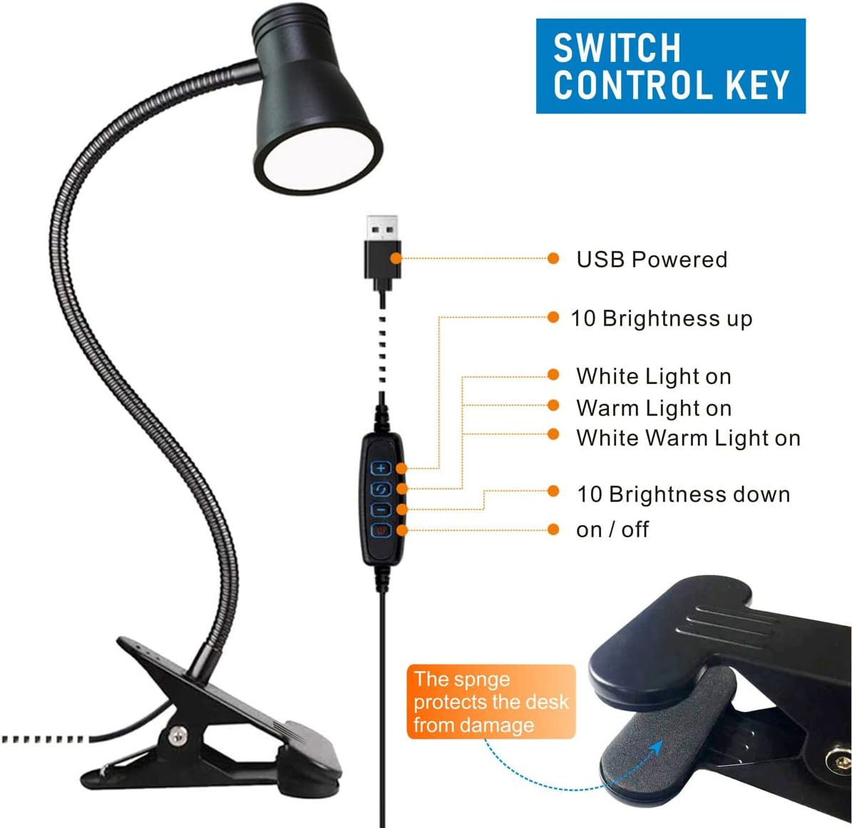 KNAMKY Lámpara de escritorio LED USB con clip, 3 modos de luz, 10 niveles de brillo regulables, luz de libro para cuidado de los ojos, lámpara de