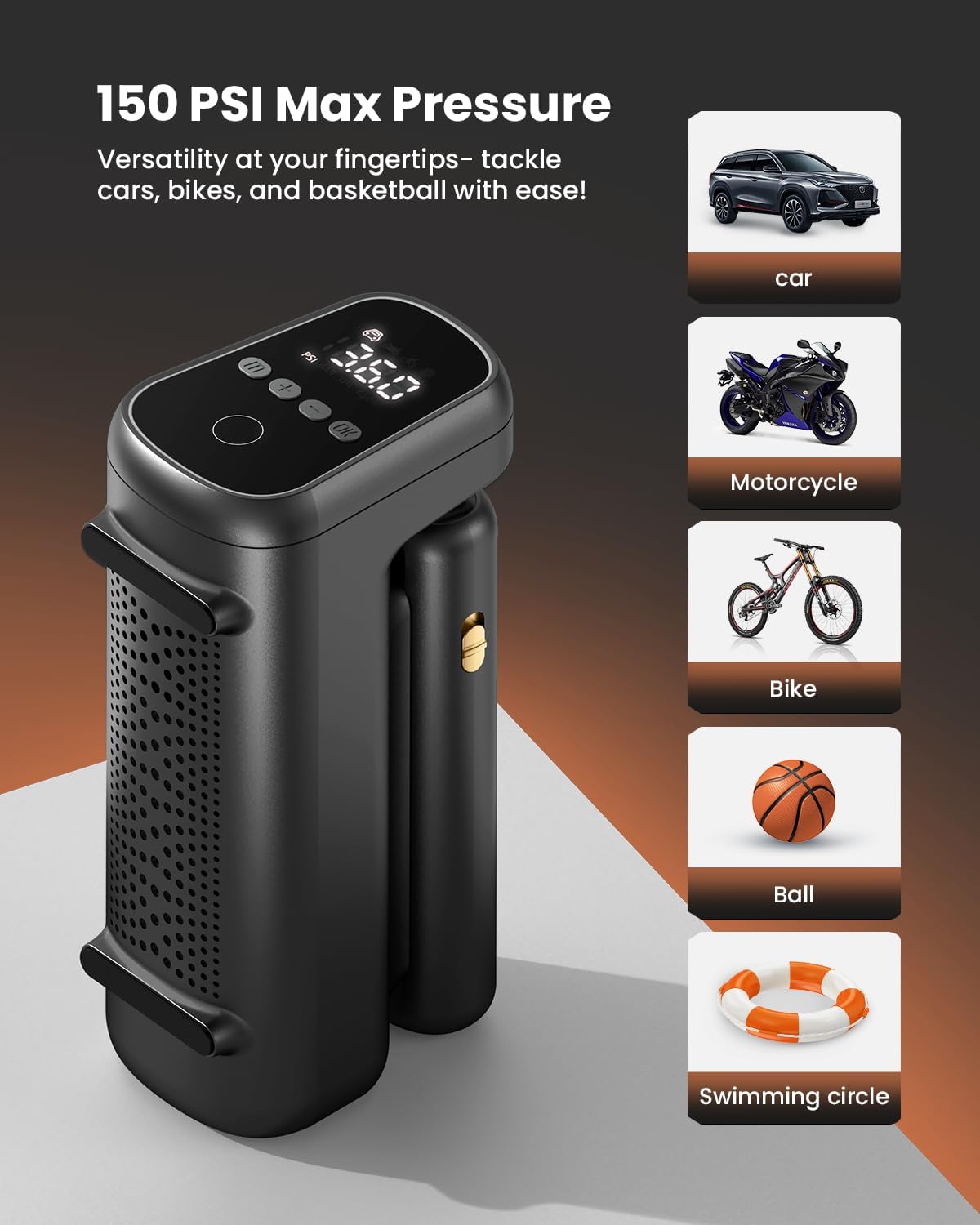 Inflador de neumáticos Bomba de aire portátil compresor eléctrico inalámbrico SOWINK 150 PSI actualizado 2024 7800mAh batería recargable, inflado