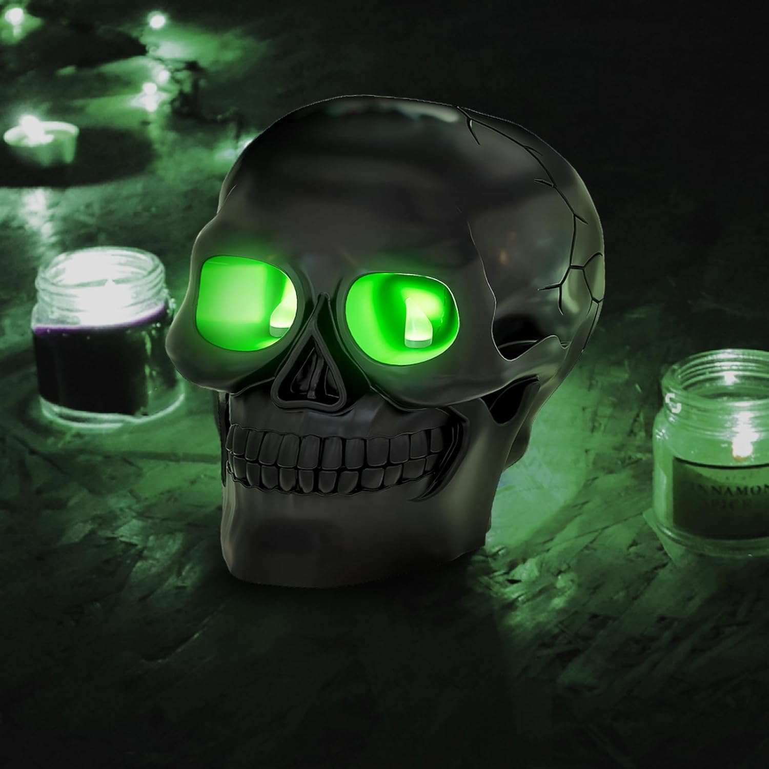 Patiphan Vela sin llama de calavera de Halloween con ojos iluminados y temporizador, estatua de vela de esqueleto de cera aterradora, funciona con