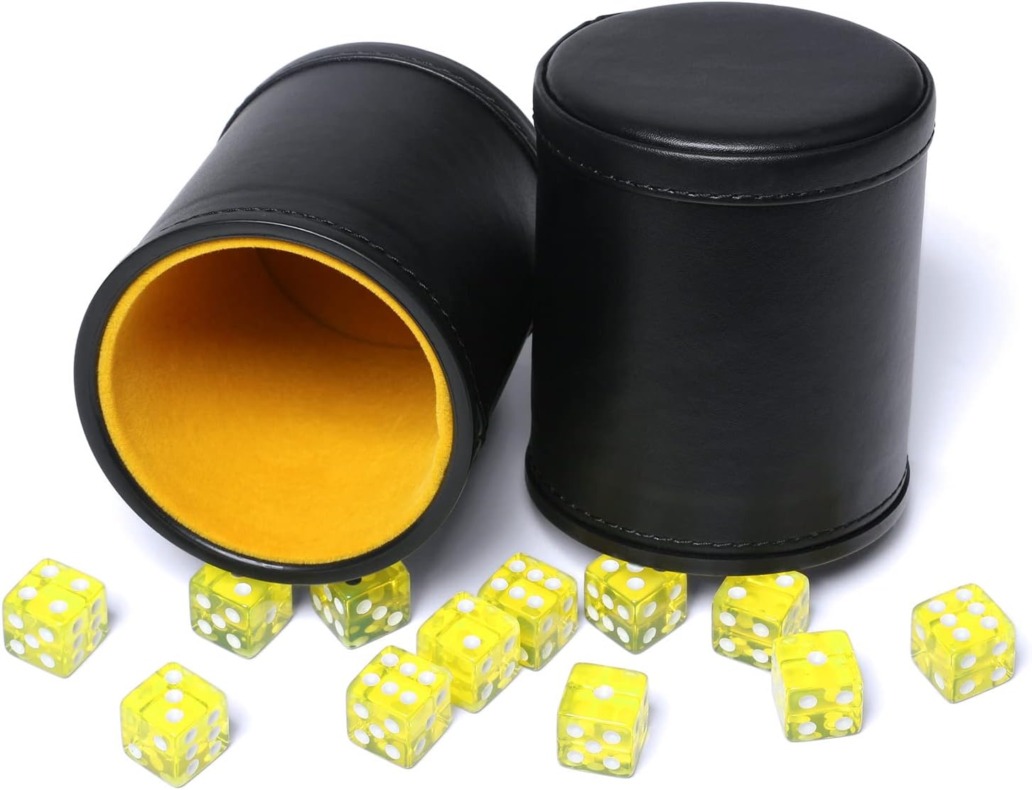 Taza de dados de piel sintética con forro de fieltro, incluye dados de 0.63 pulgadas para juegos de dados Yahtzee Farkle Bar Party Familiar, 2