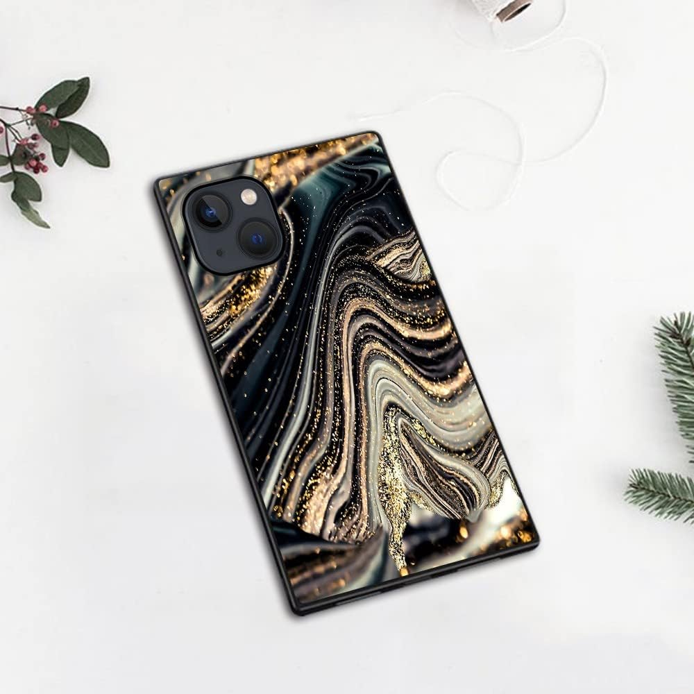 Funda cuadrada de lujo para iPhone 15, diseño de mármol de geoda de ónix negro y dorado, funda cuadrada para mujeres y hombres, suave TPU protección