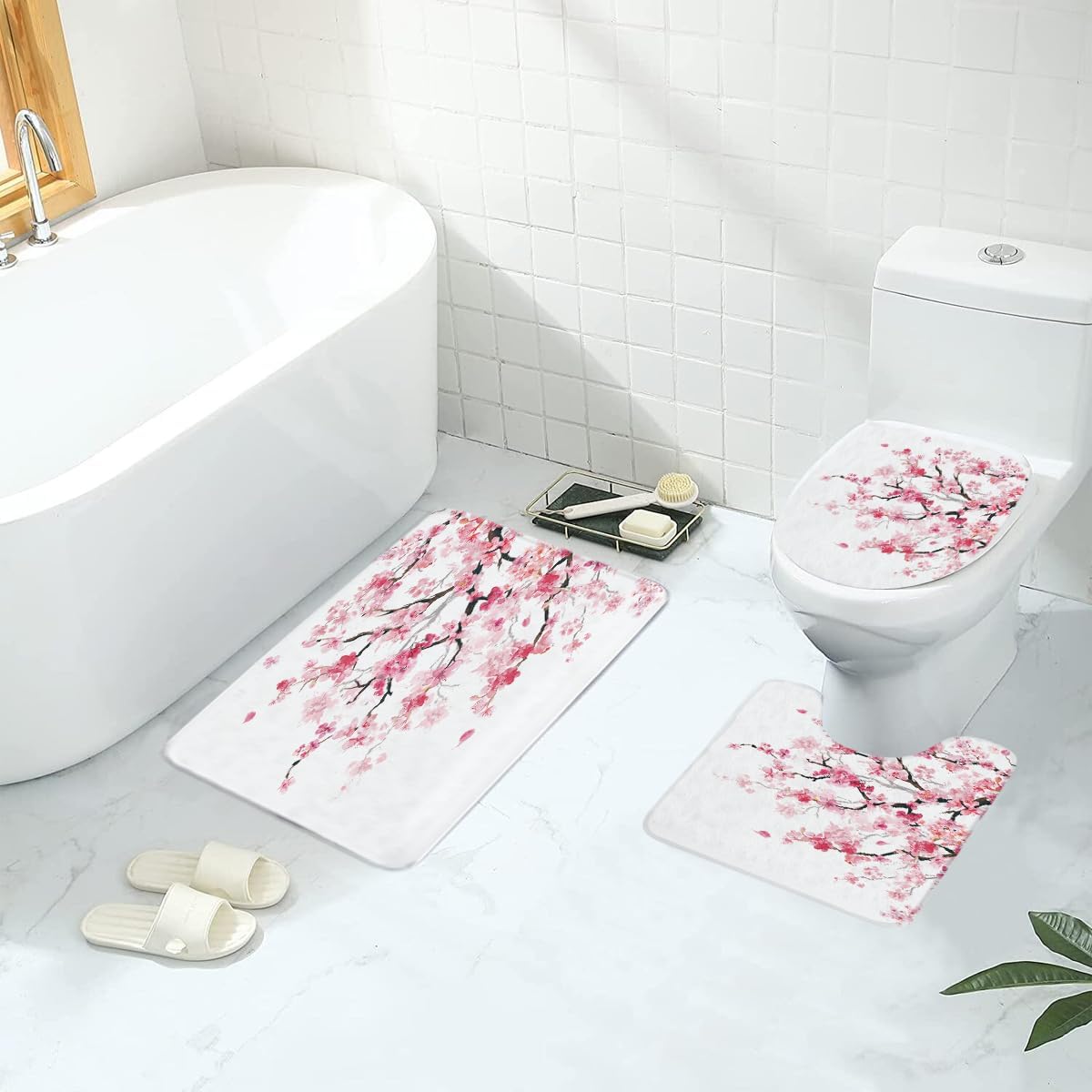 Juego de cortinas de ducha con diseño de flor de cerezo rosa, diseño de árbol de flores florales japonesas, kawaii, impermeable, 4 piezas,