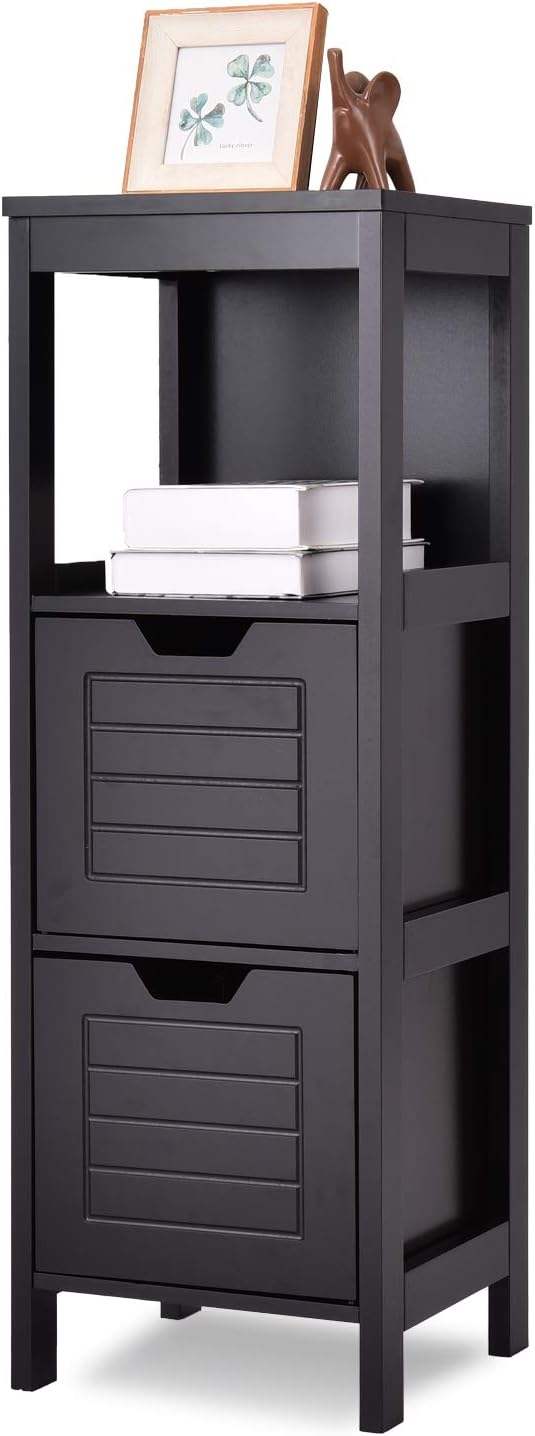 GLACER Armario de suelo de baño, armario de almacenamiento lateral de madera con dos cajones extraíbles para almacenamiento flexible, adecuado para