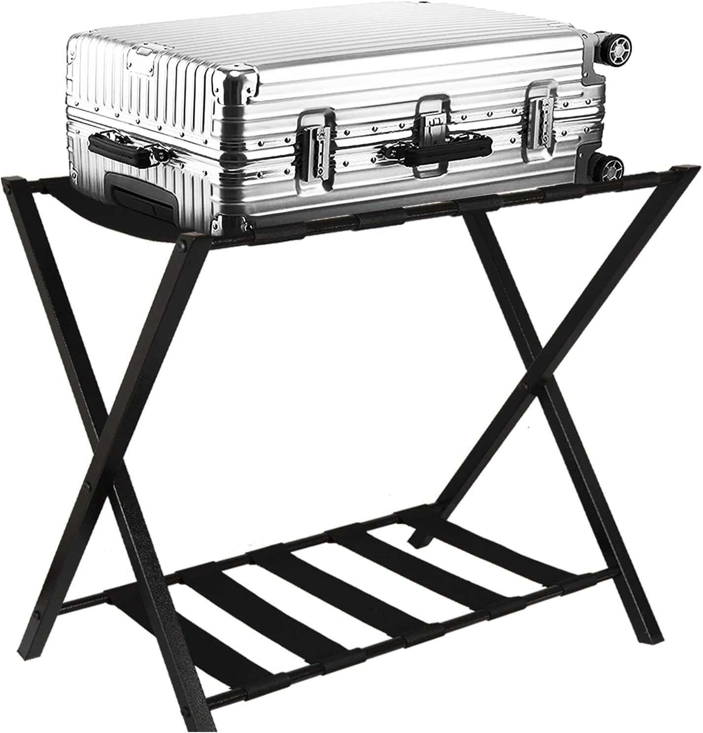 Portaequipajes plegable con estante de almacenamiento para habitación de invitados, dormitorio, hotel, negro (1)