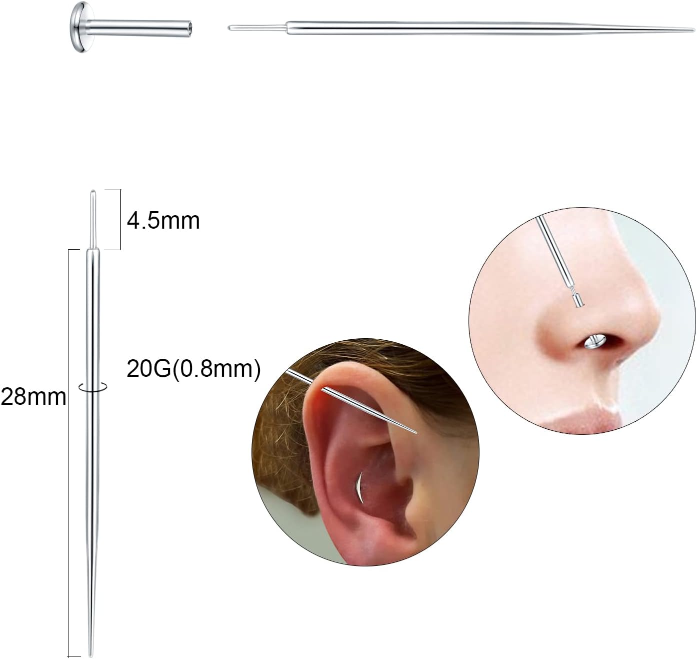 Xpircn Piercing cónico sin rosca, 20G, 18G, 16G, 14G, acero inoxidable, pasador de inserción para labio, nariz, monore, cartílago, oreja, tragus,