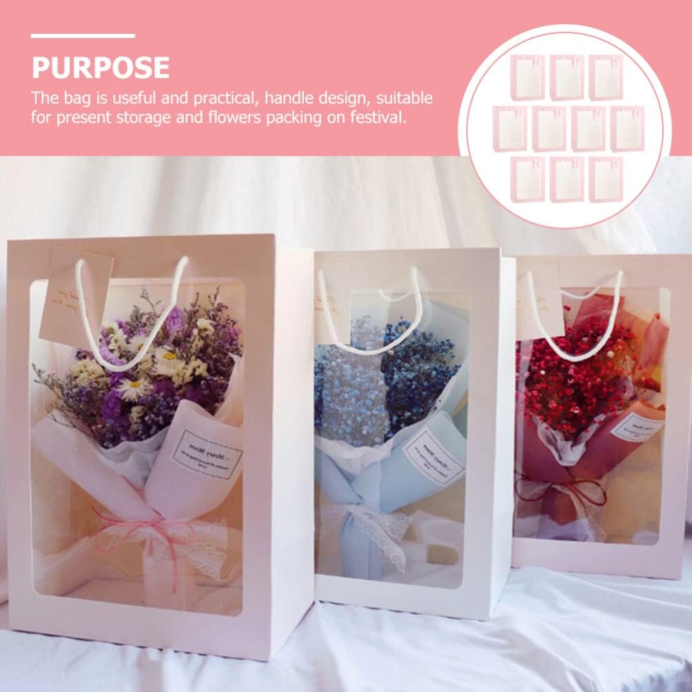 iplusmile 10 bolsas de regalo rosas con ventana, bolsas de regalo de ramo de flores con asas de 13.4 x 9.1 x 3.9 pulgadas, bolsa de compras de papel
