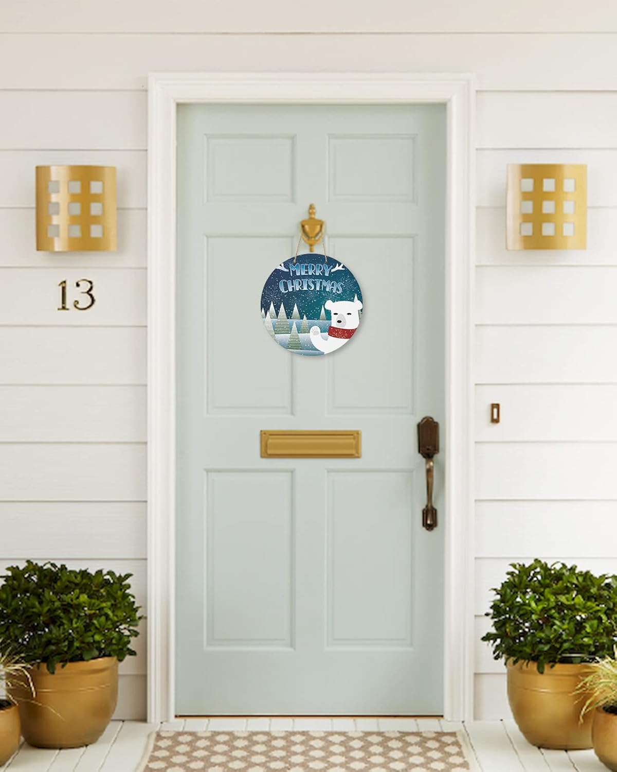 Letrero de bienvenida para puerta delantera, porche, frontones de pared, cuernos de Navidad, oso polar, corona de 10 pulgadas, letrero redondo de