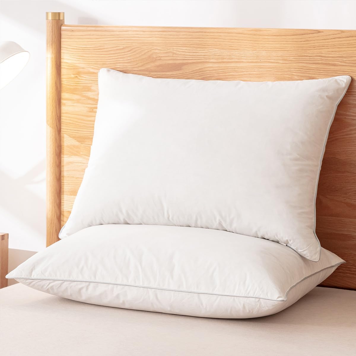 Juego de 2 almohadas de plumas de ganso de alta calidad, color blanco, tamaño Queen, almohadas de plumón de ganso de la colección de hotel de lujo,