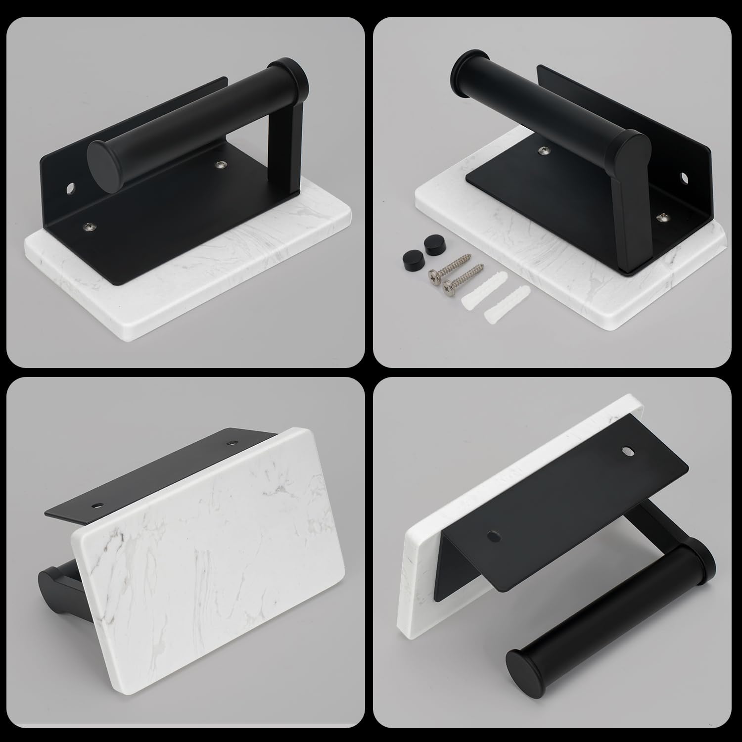 LuDoDo Portarrollos de papel higiénico negro mate con estante de mármol, soporte para rollo de papel higiénico montado en la pared para baño y baño