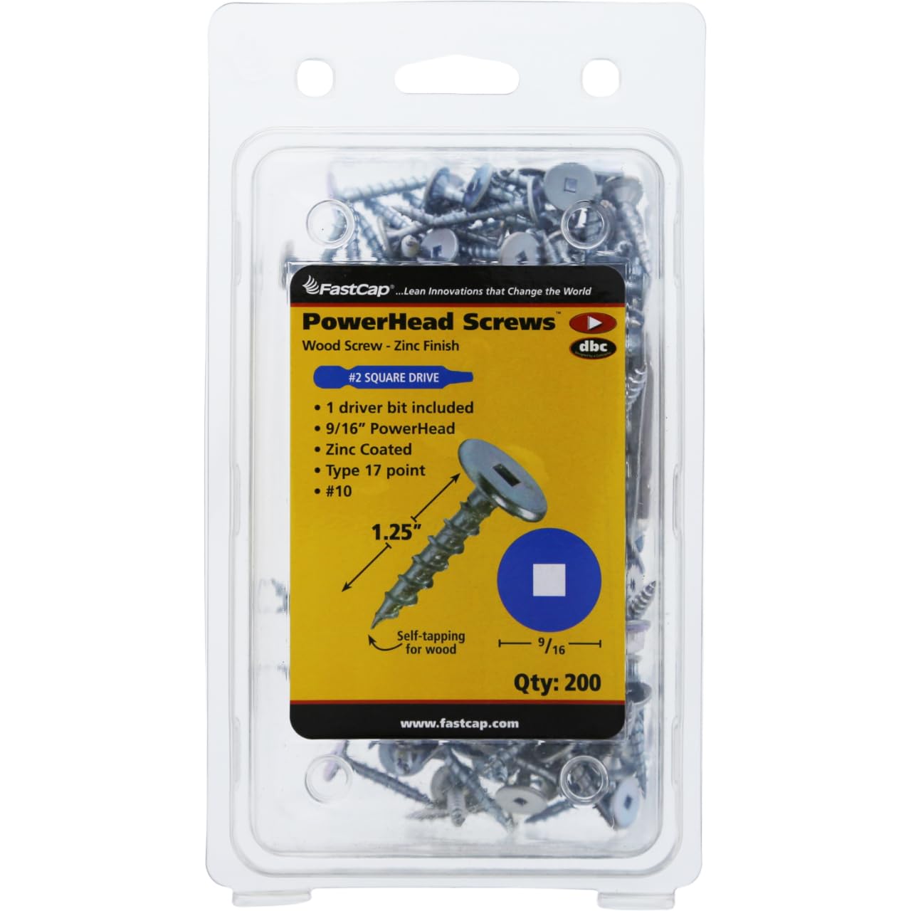 FastCap Professional PowerHead #10 Tornillo para madera, 1-14 pulgadas de longitud, cabeza de 916 pulgadas, autorroscante, recubierto de zinc,