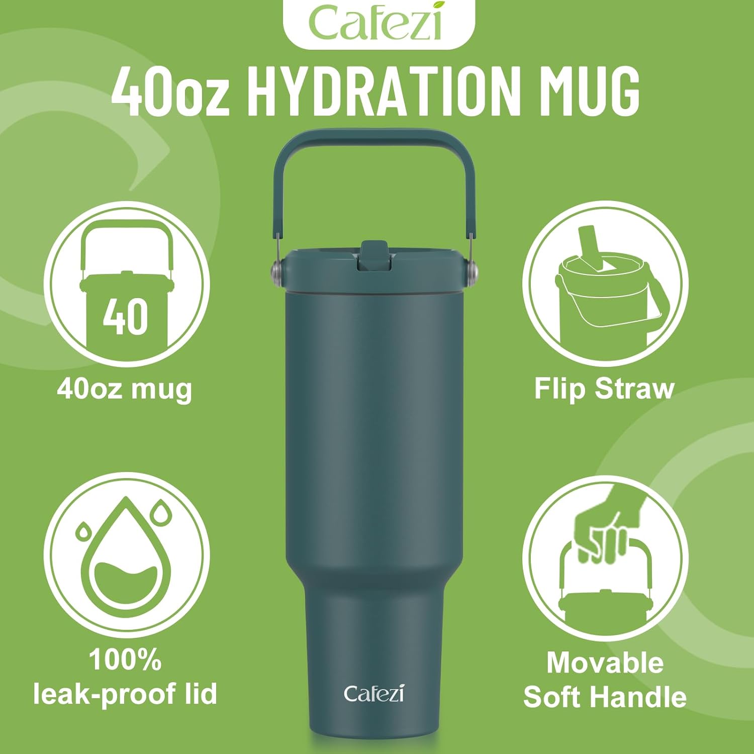 Vaso de 40 onzas con tapa y pajilla, de acero inoxidable aislado al vacío con popote abatible y asa superior, botella de agua aislada reutilizable