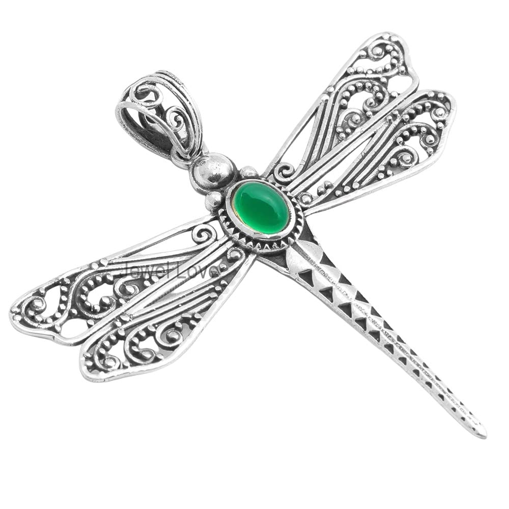 925 Sterling Silver Necklace Pendant For Womens Natural Green Onyx Necklace Pendant Sterling Silver Necklace Pendant Oval Gemstone Dragonfly