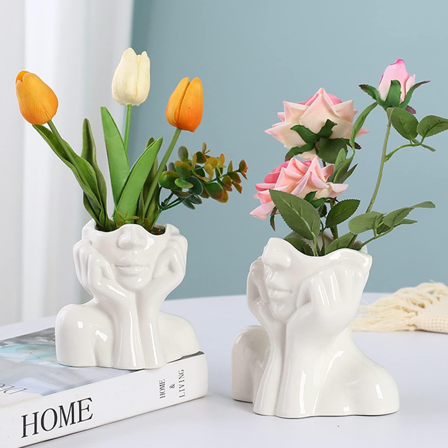 Jarrón de cerámica para decoración del hogar, jarrones blancos modernos para sala de estar, 5.9 pulgadas de alto x 7 pulgadas de ancho, jarrón de