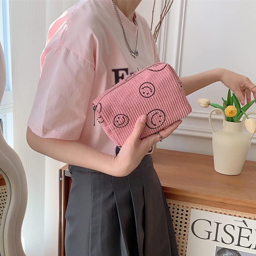 Bolsa de cosméticos de pana, bolsa de maquillaje de cara sonriente, bolsa de maquillaje de preparación para cosméticos, bolsa de aseo estético,