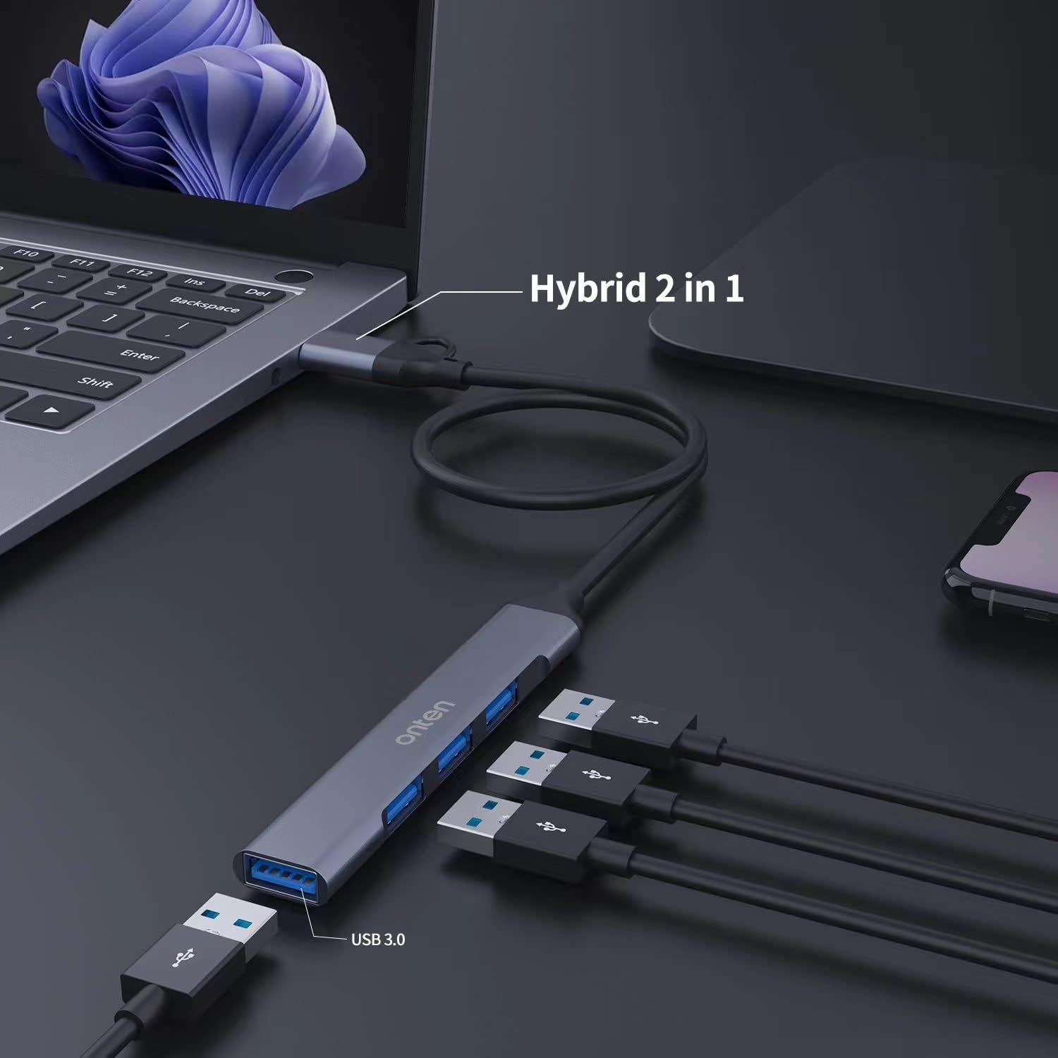Concentrador USB, adaptador USB C a USB, USB C a USB A Hub con cable de 1.6 pies, 4 puertos USB-C USB Hub 3.02.0, para MacBook Pro, iMac 2021,