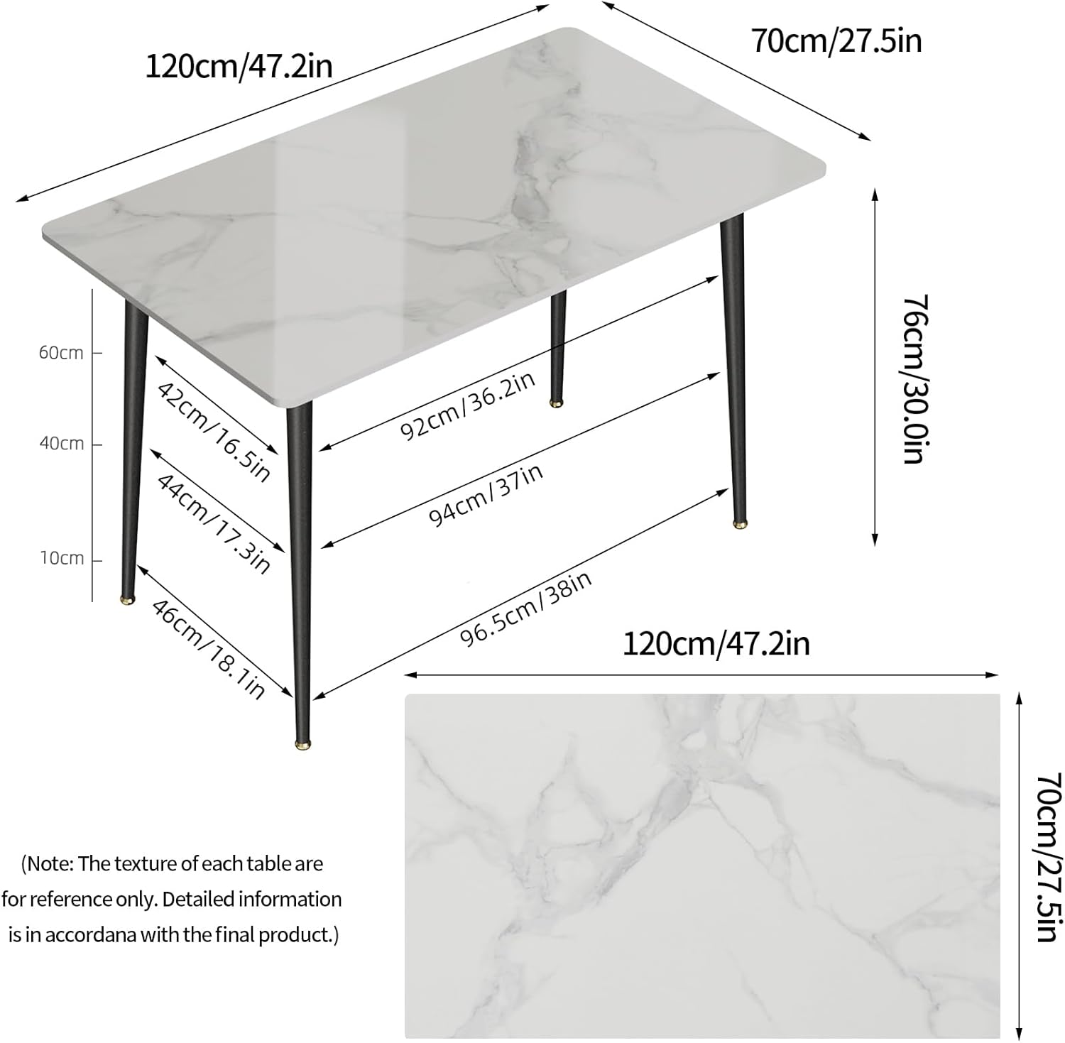Wisfor Mesa de comedor de piedra sinterizada mesa de cocina blanca de 47.2 x 27.5 pulgadas con patas de metal para comedor – Mesa de restaurante de