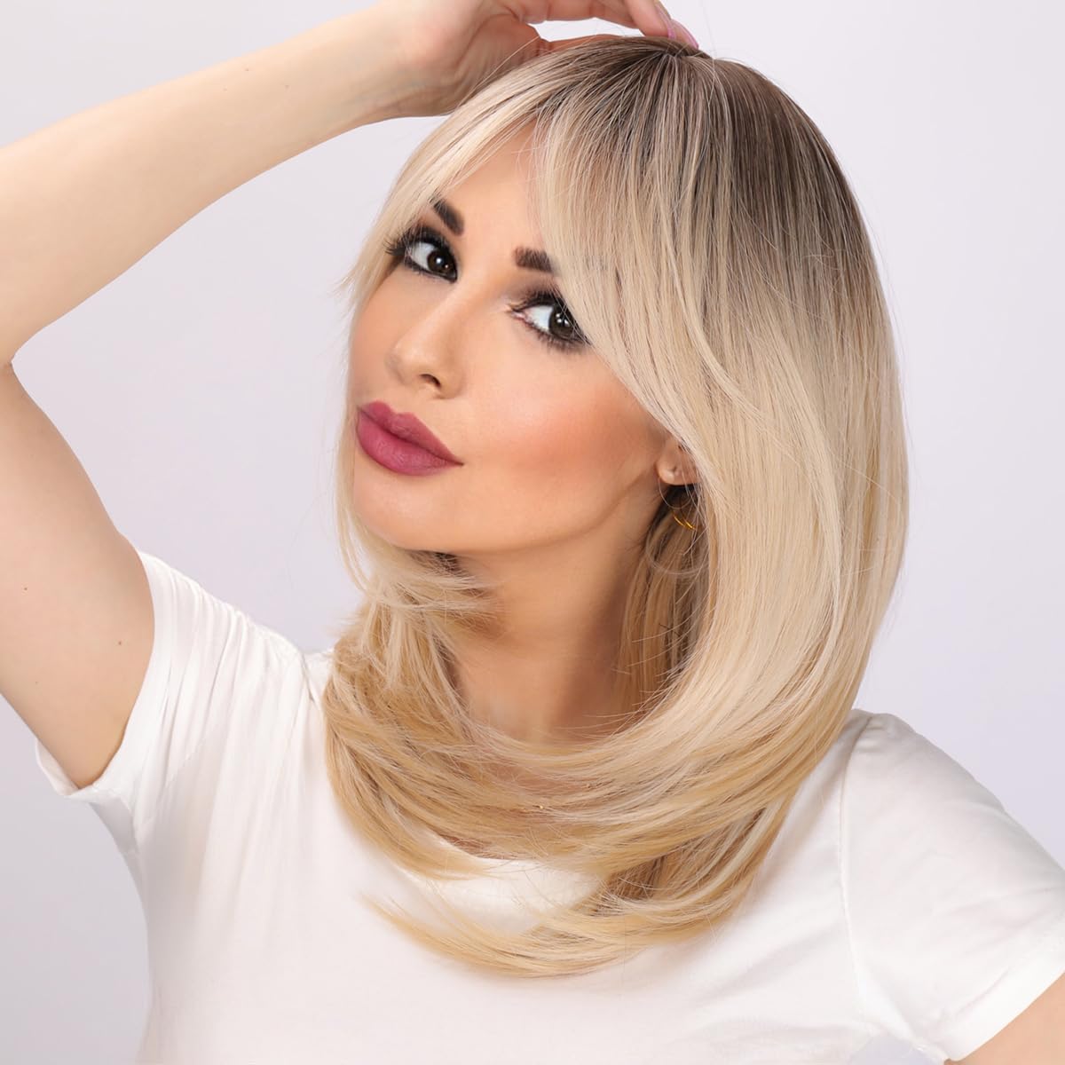 Smilco Pelucas sintéticas para mujer, peluca rubia, larga, ondulada y rizada con flequillo, pelucas de cabello de aspecto natural, pelucas de fibra
