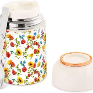 Tarro de alimentos con cuchara de girasoles de acero inoxidable aislado al vacío, contenedor de alimentos de 17 onzas para almuerzo Tarro de alimentos con cuchara de girasoles de acero inoxidable aislado al vacío, contenedor de alimentos de 17 onzas para almuerzo