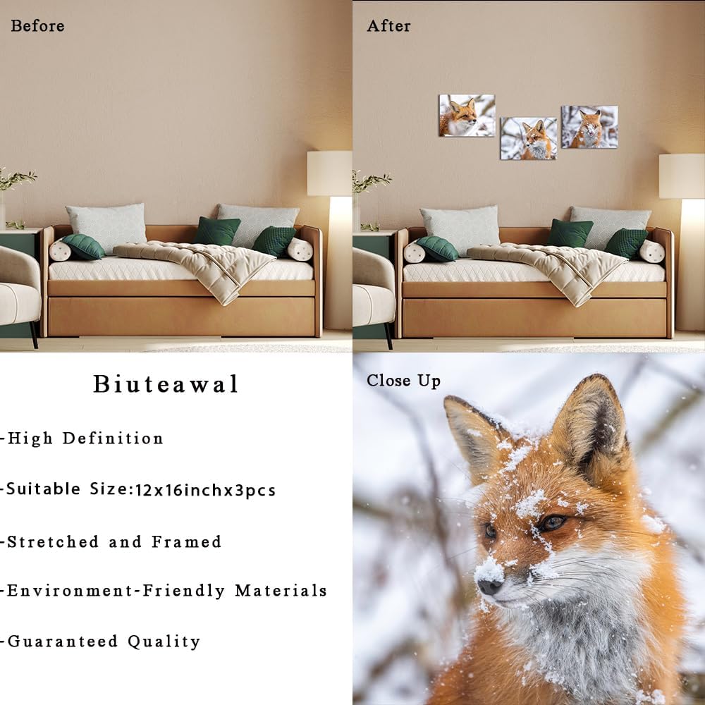 Biuteawal Lienzo decorativo para pared, diseño de zorro rojo, caza en la nieve, imágenes sobre lienzo de animales de vida silvestre, pintura de