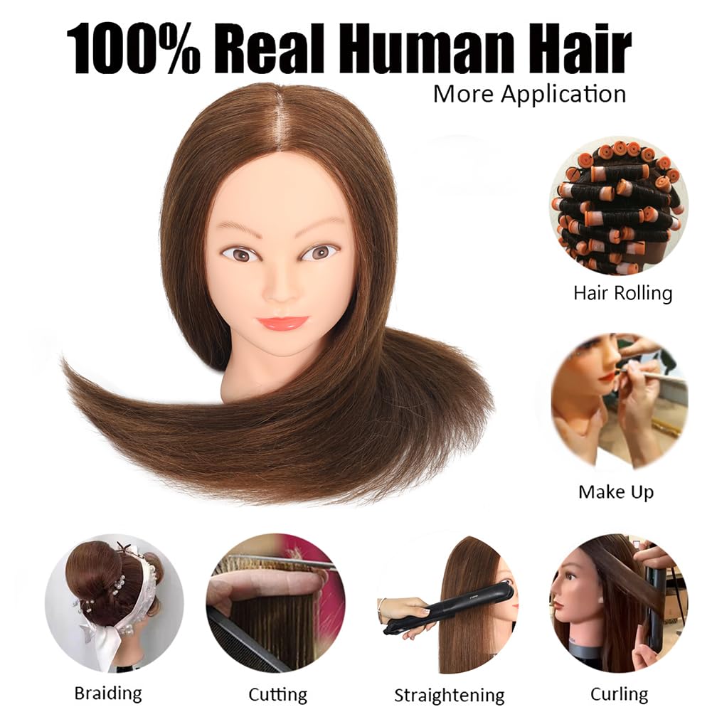 ZOMOI Cabeza de maniquí con cabello humano 100% real, cabeza de muñeca de maniquí de cosmetología para peinar peluquería práctica cabeza de