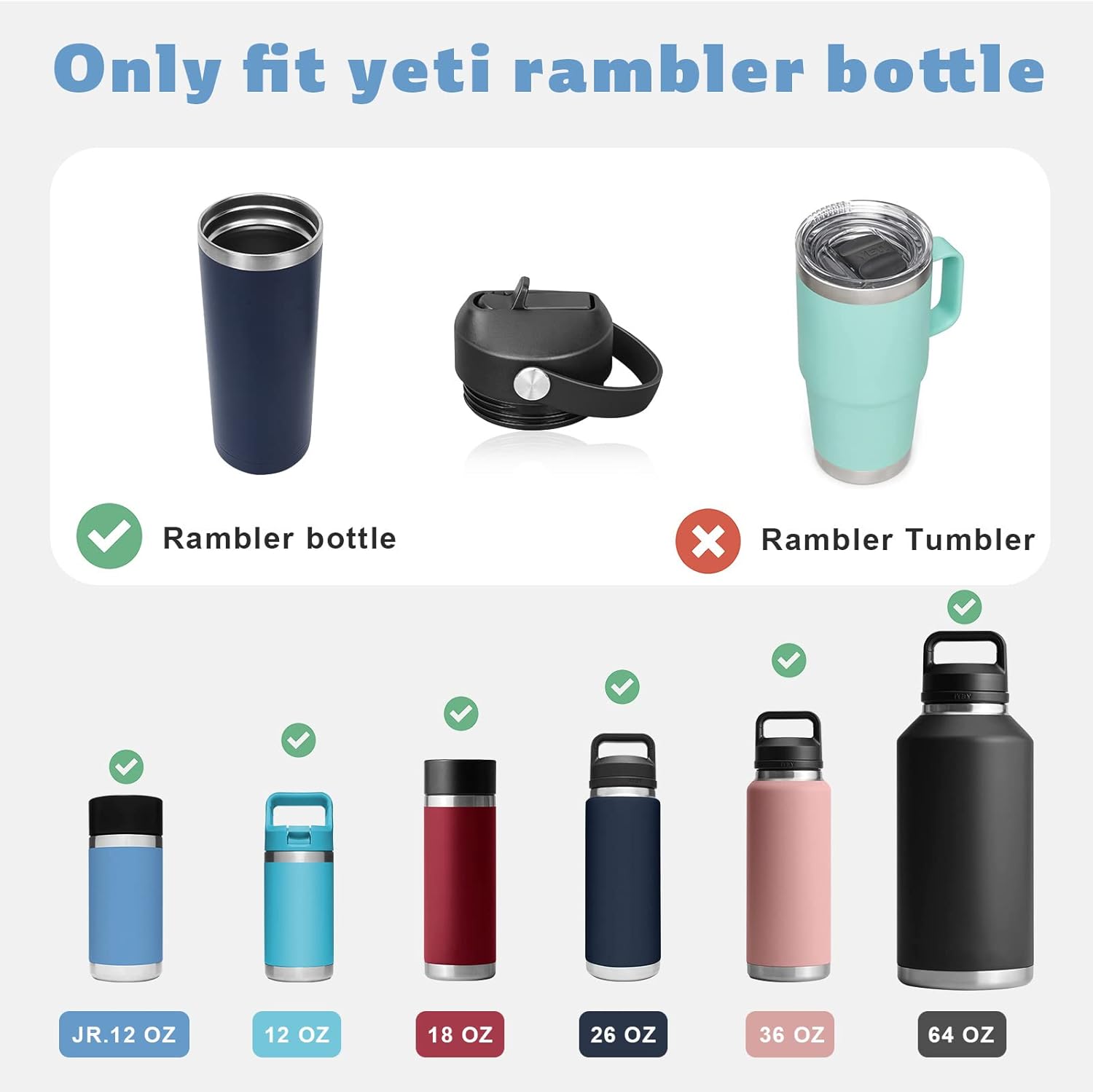 FLAKBOTEL Tapa de popote para botella de agua Yeti Rambler de 18 onzas, 26 onzas, 36 onzas, 64 onzas, tapa de repuesto de mango flexible para