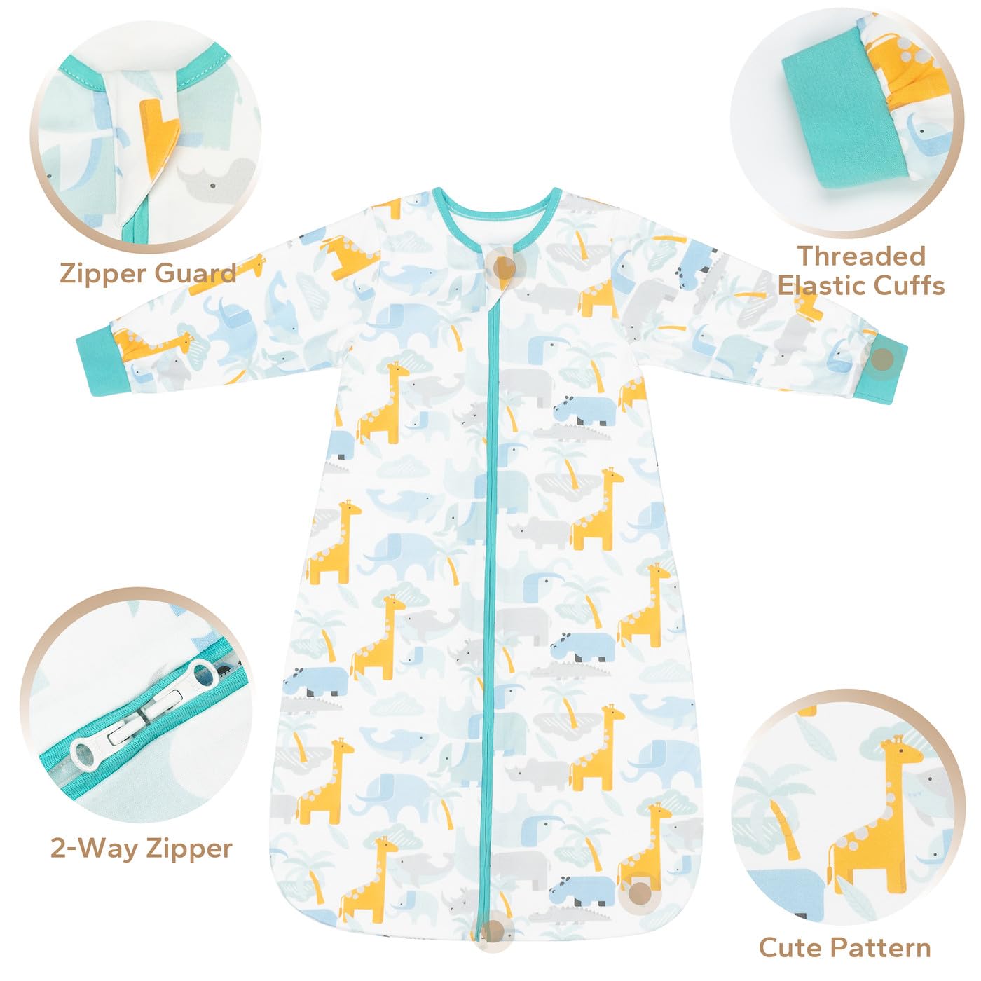 1.0 TOG – Saco de dormir para bebé con mangas largas, 100% algodón, con cremallera de 2 vías, para regalo de bebé recién nacido, elefante, S (0-6