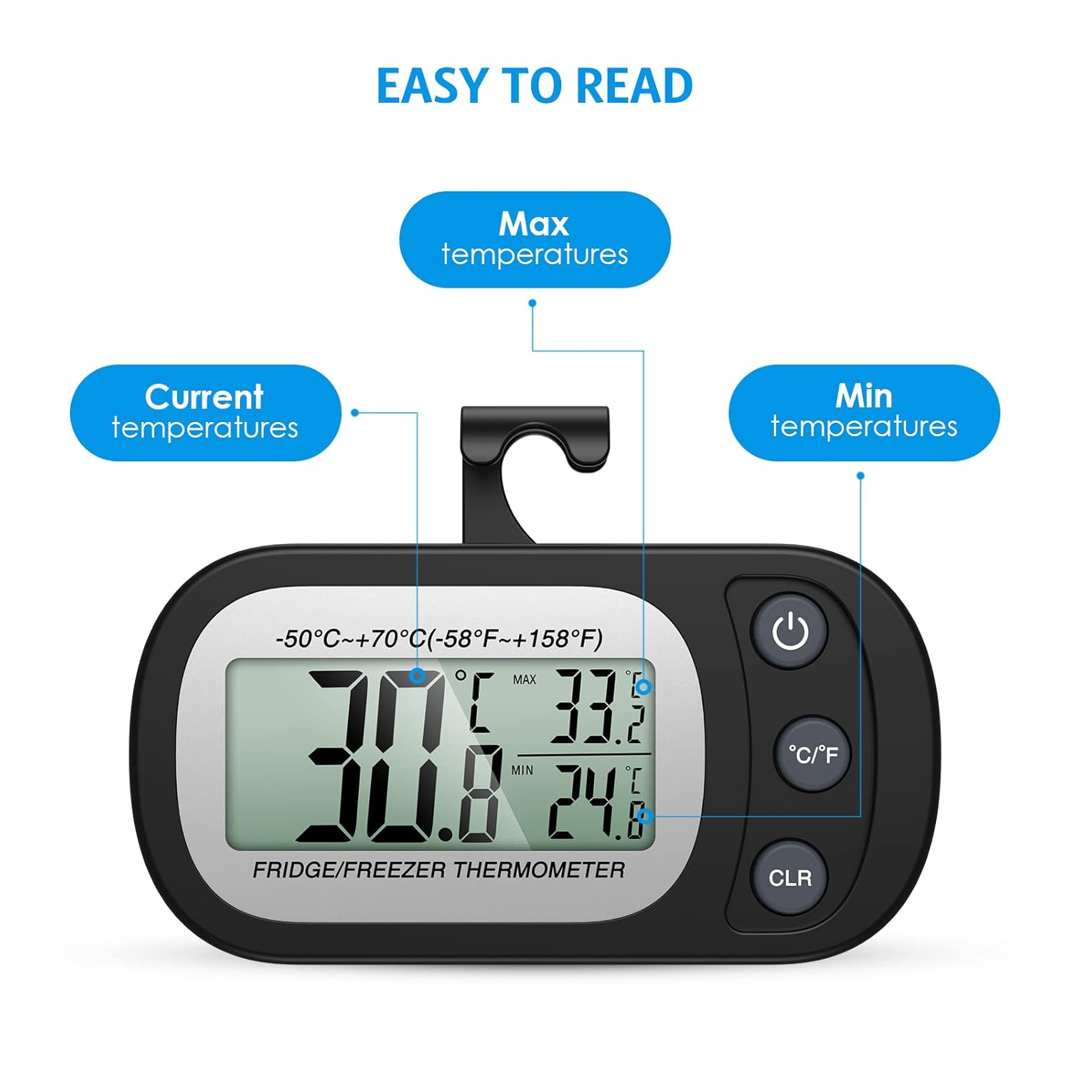 Termómetro de congelador mejorado, termómetro digital para refrigerador, termómetro impermeable para refrigerador con gancho, pantalla LCD,