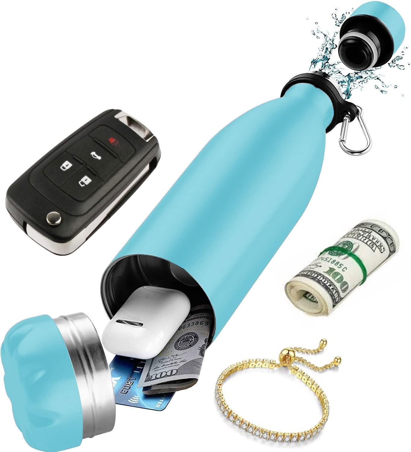 Botella de agua Diversion Safe – Botella de acero inoxidable azul con compartimento oculto para tarjetas, llaves, dinero en efectivo y objetos de