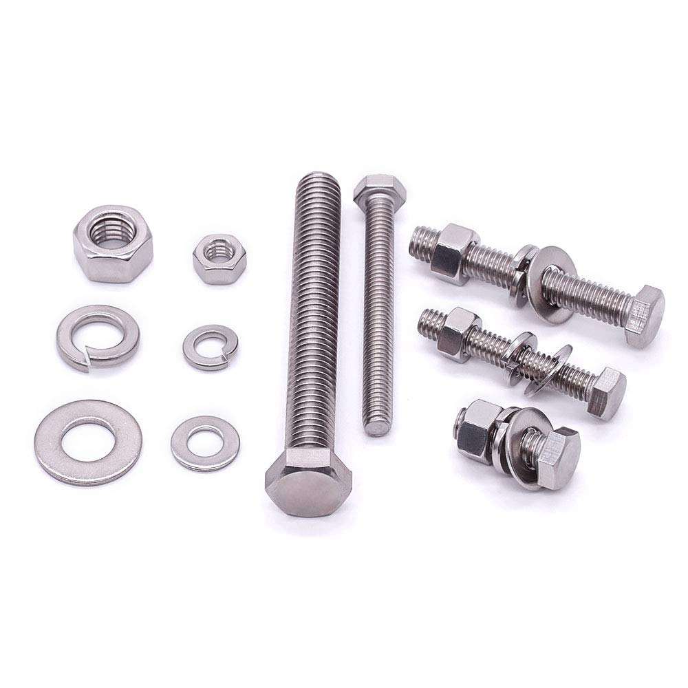 Tornillos hexagonales de acero inoxidable de 14-20 x 3-12 pulgadas (10 juegos) con tuercas arandelas planas, arandelas de bloqueo, 304 SS 18-8,
