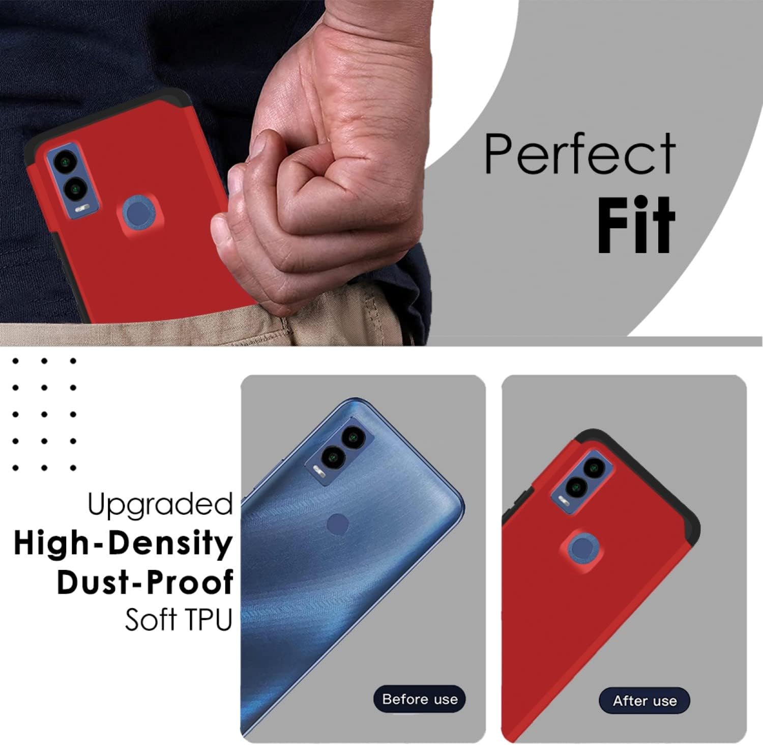 TJS Funda compatible con Cricket Innovate E 5G (solo versión E, juego de 2 cámaras), con protector de pantalla de vidrio templado de doble capa