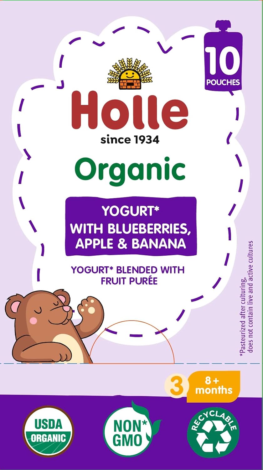 Holle Bolsas de yogur para bebés  Yogur orgánico con puré de manzana, plátano y bayas  Bolsas de yogur bebibles para niños y bebés de 8 meses en