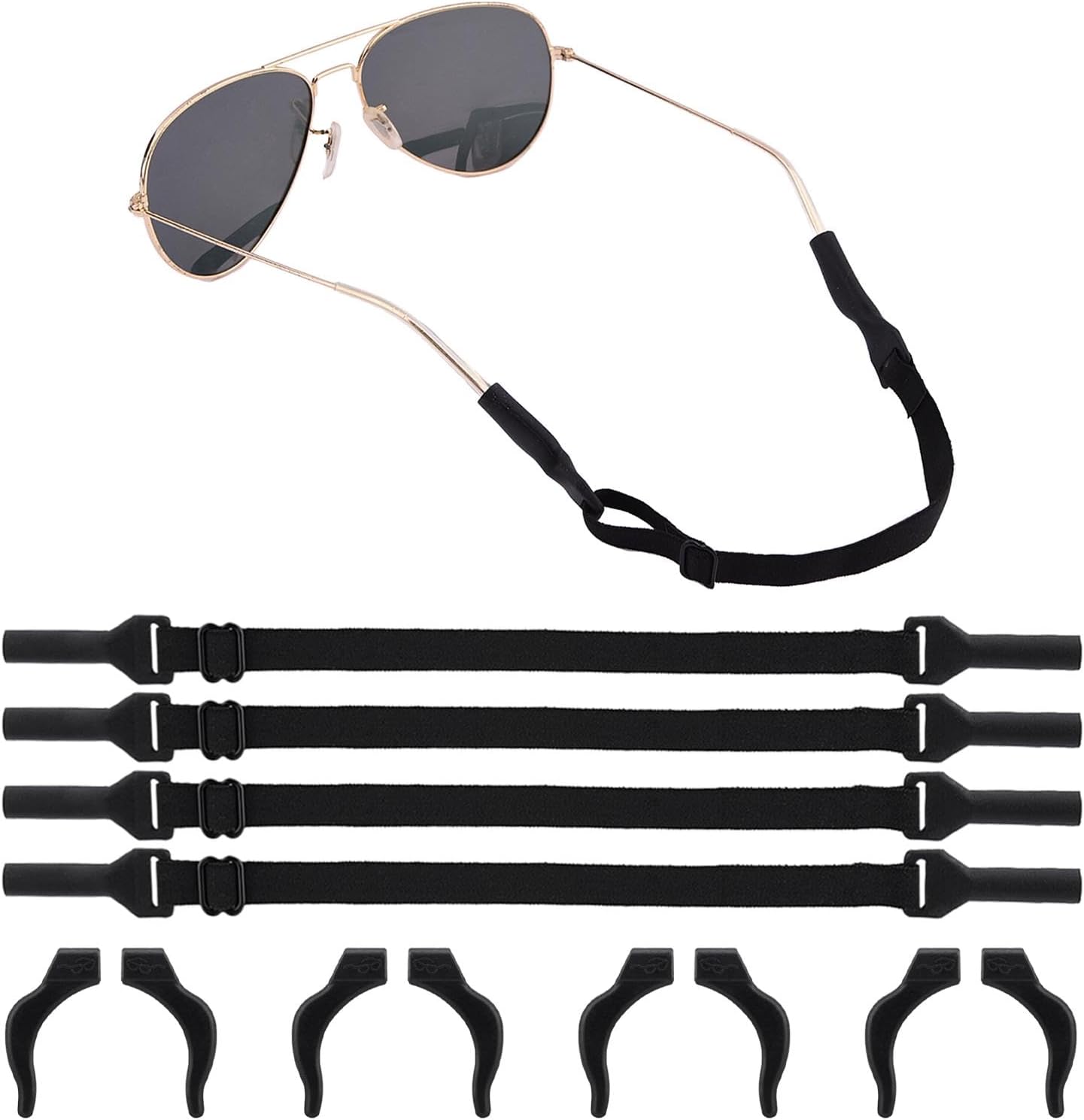 Correa para lentes, 4 cordones ajustables para lentes y 4 pares de lentes para las piernas, agarre para gancho para las orejas, antideslizante, sin