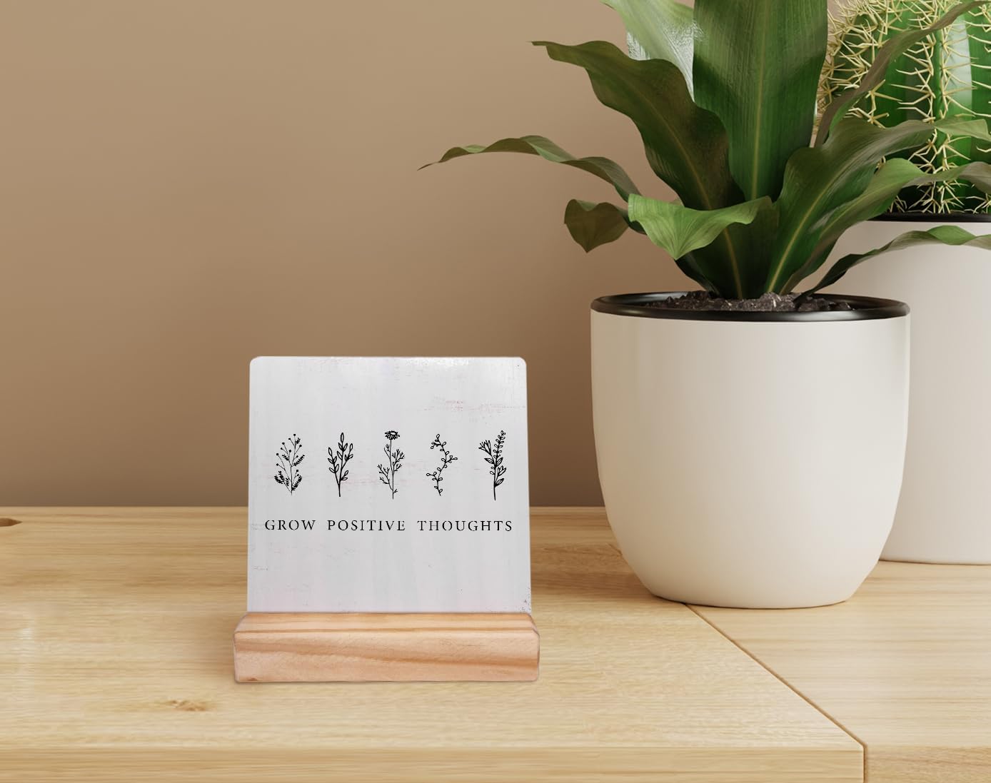 Decoración bohemia, letrero de placa de madera con texto en inglés “Grow Positive Thoughts Mental Health”, decoración de escritorio para estante de