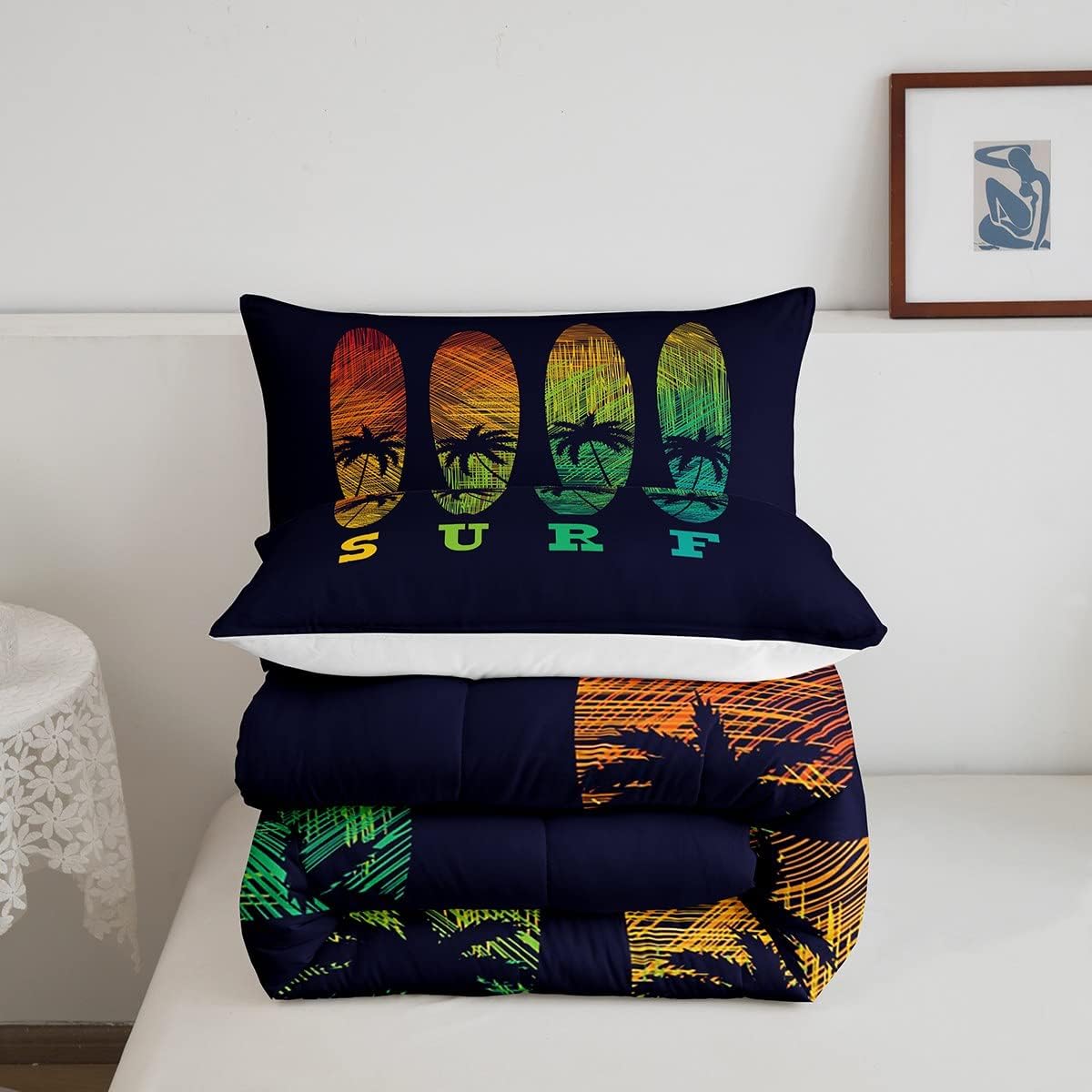 Castle Fairy Juego de edredón de tamaño matrimonial con diseño de patineta de surf, arco iris, cocoteros, colección de dormitorio, color azul