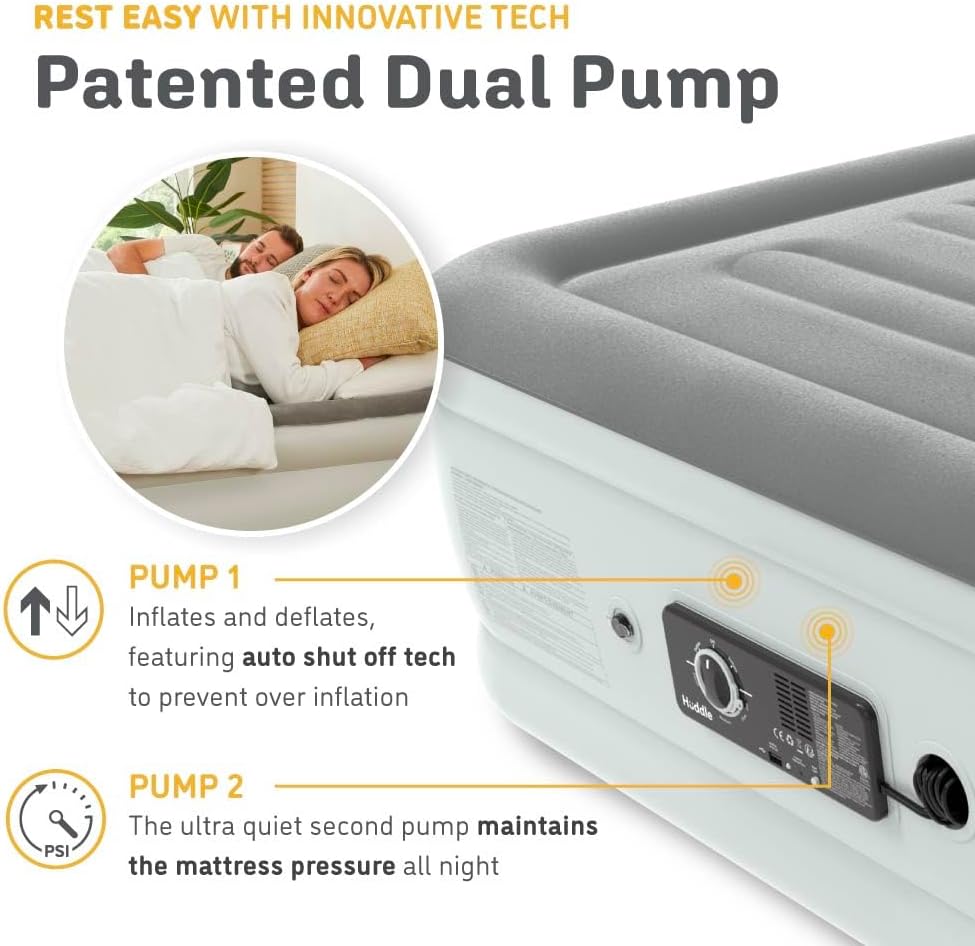 Huddle Cama de aire de lujo con tecnología patentada de doble bomba SlumberGuard Premium  Tecnología de cama de aire autoinflada y antidesinflado