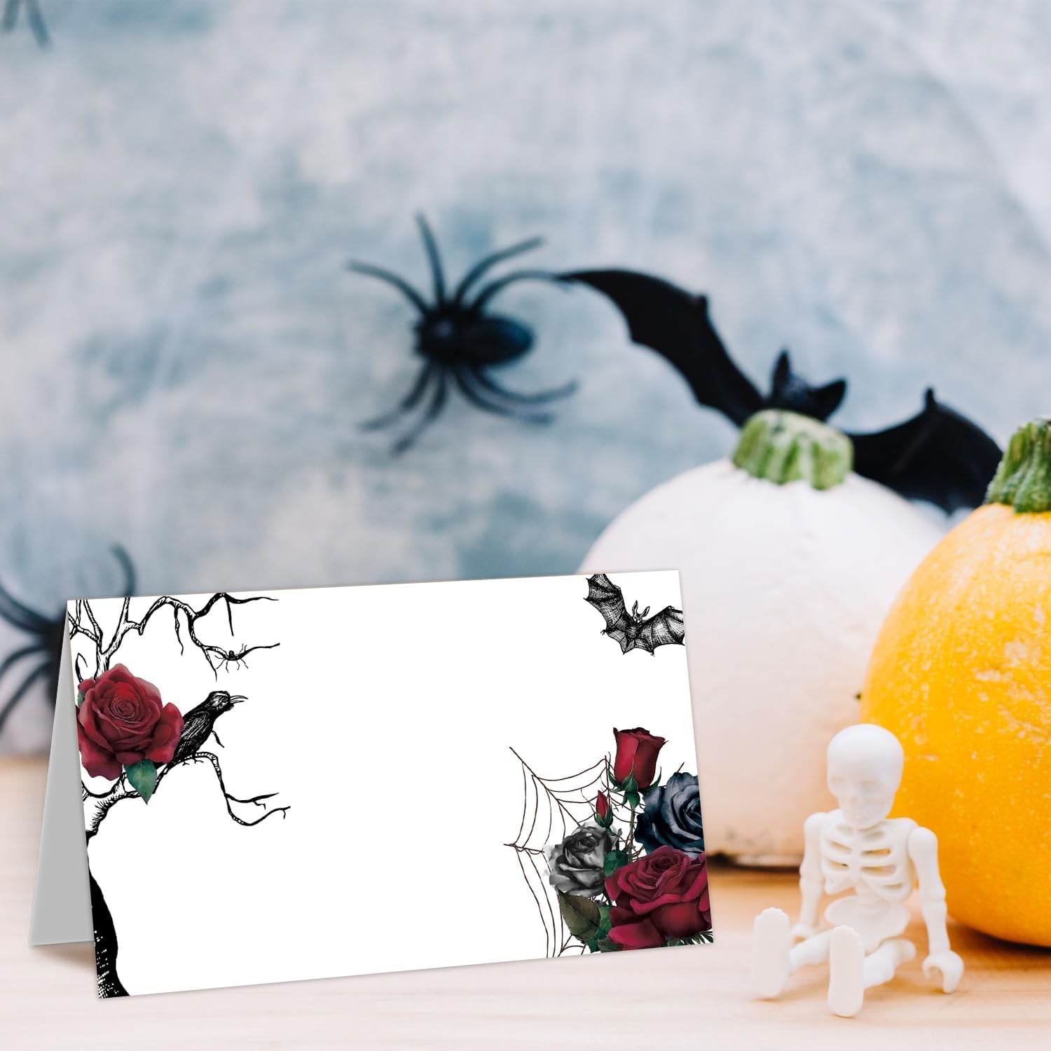 Tarjetas de lugar de rosas rojas de Halloween, con puntuaciones para plegarse fácilmente, 25 tarjetas de lugar para colocar la mesa, tarjetas de