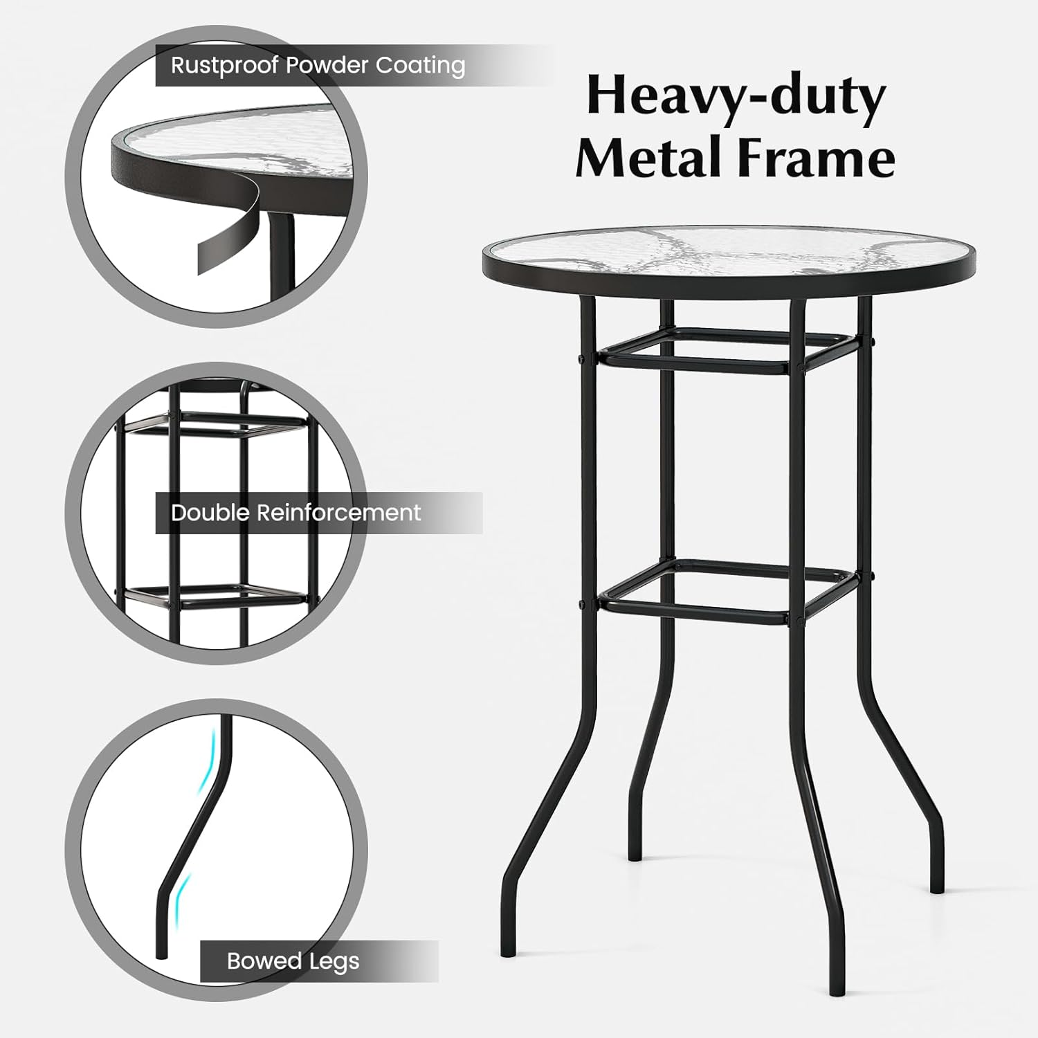 Tangkula Mesa de bar para patio, mesa redonda de altura de mostrador con mesa de vidrio templado y marco de metal resistente, mesa de cóctel al aire