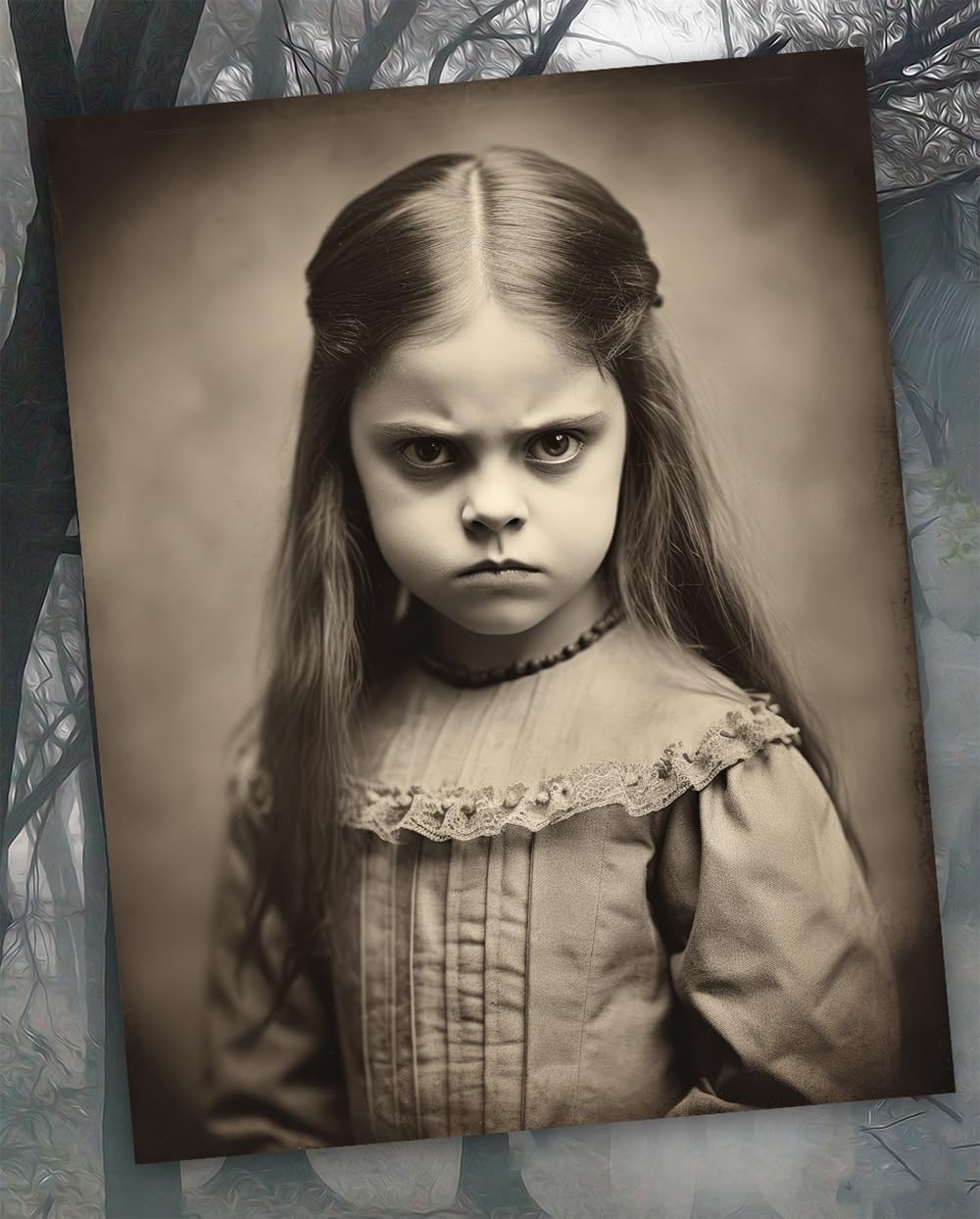 Póster vintage de retrato de niña diabólica con ojos deslumbrantes sin marco de 11 x 14 pulgadas, diseño gótico extraño, espeluznante, espeluznante,