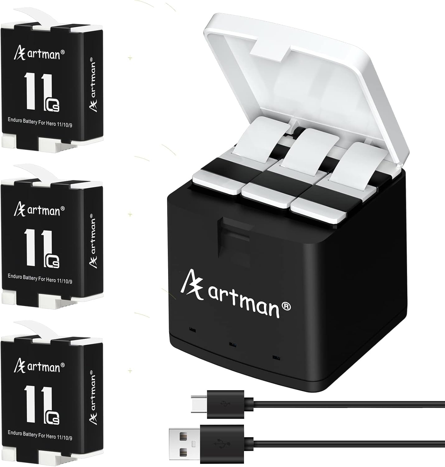 Artman Hero 12 – Batería de 3 unidades de 1800 mAh y cargador de 3 canales compatible con cámara GoPro Enduro Hero 12 BlackHero 11 BlackHero 10
