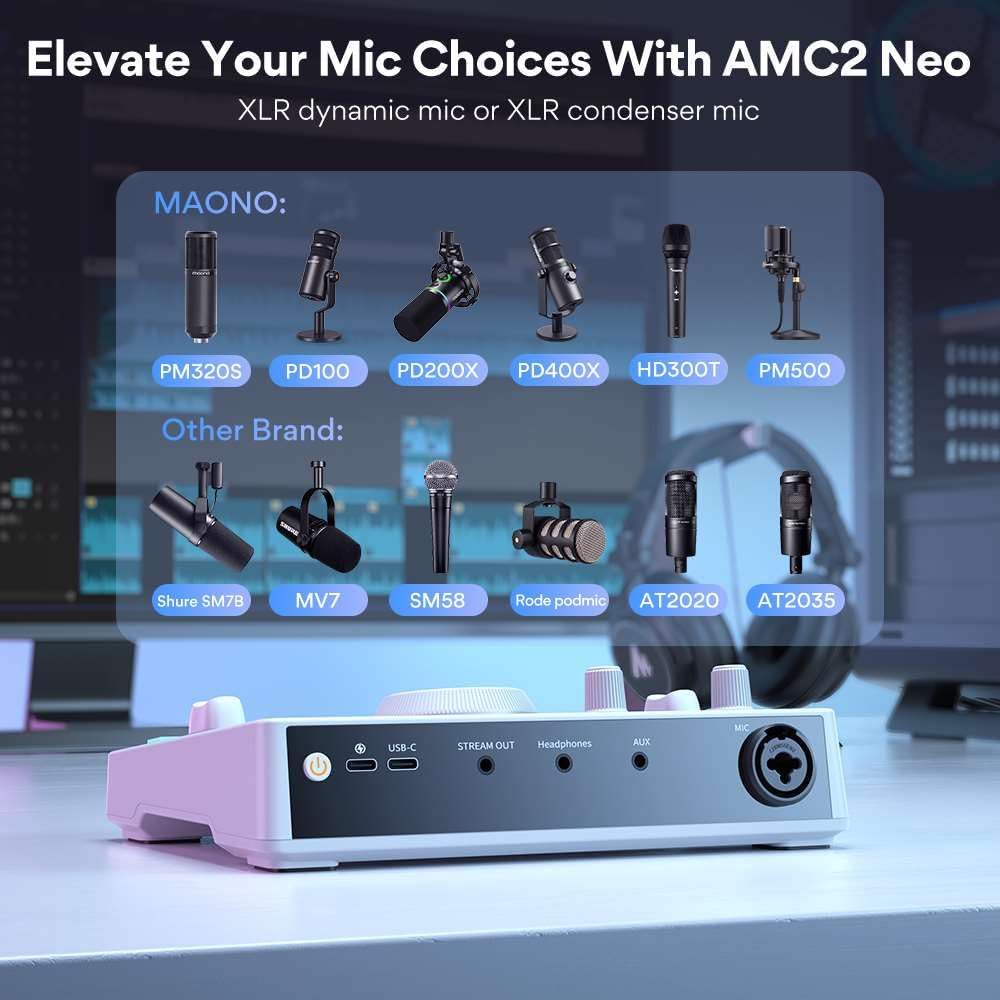 MAONO Mezclador de audio para transmisión, interfaz de audio con preamplificador profesional, Bluetooth, batería incorporada, cancelación de ruido,