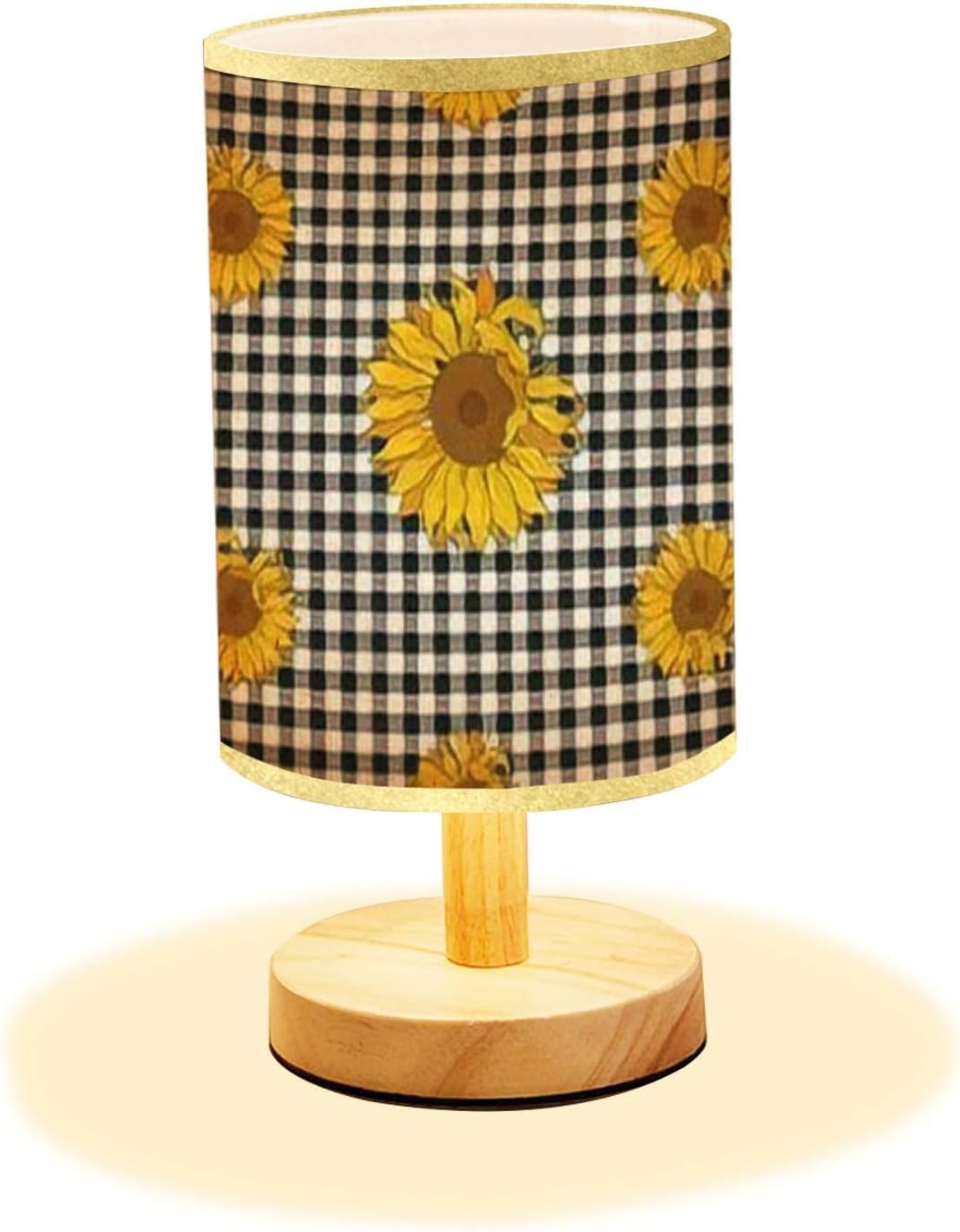 Lámpara minimalista para mesita de noche, girasoles brillantes, a cuadros de búfalo blanco y negro, a cuadros, sin costuras, floral, de madera,