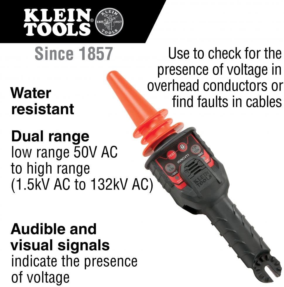 Klein Tools HVNCVT-1 Probador de alto voltaje sin contacto de doble rango, doble rango, indicadores audiovisuales, resistente al agua, con estuche y