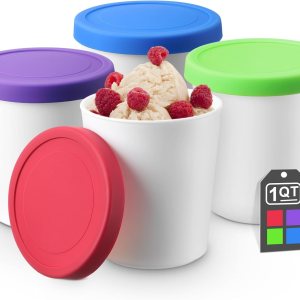 4 recipientes de helado de 1 cuarto de galón para helados caseros, contenedores reutilizables de almacenamiento de helado con tapas de silicona para 4 recipientes de helado de 1 cuarto de galón para helados caseros, contenedores reutilizables de almacenamiento de helado con tapas de silicona para