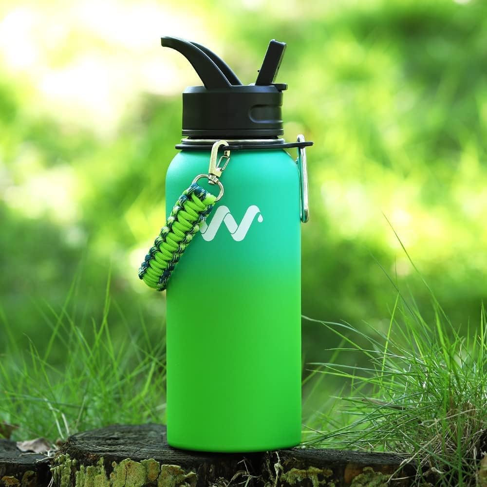 WEREWOLVES Botella de agua aislada con asas de paracaídas, correa, tapa de popote y tapa de boquilla, botella de agua reutilizable de boca ancha al