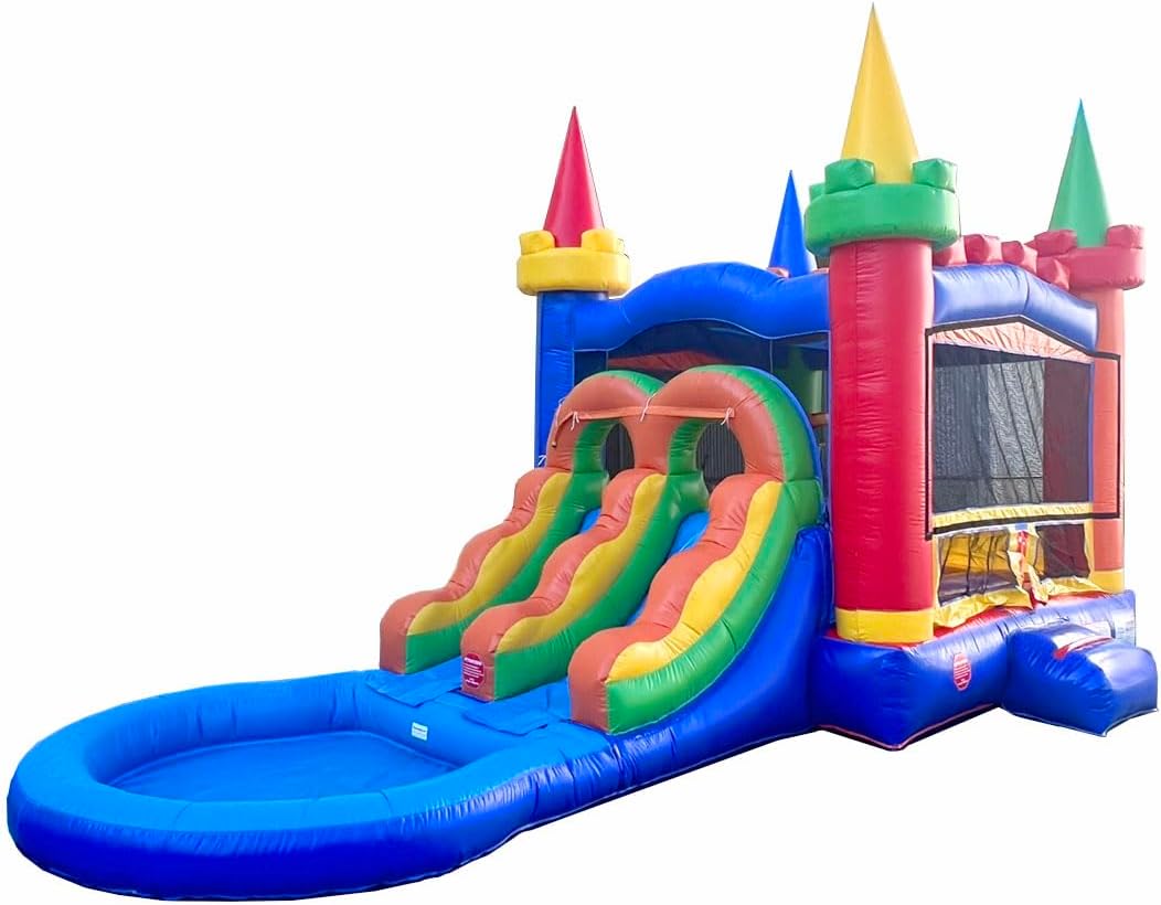 Casa inflable con tobogán para niños, castillo modular de arco iris para patio trasero con piscina de agua, juguetes para niños al aire libre,