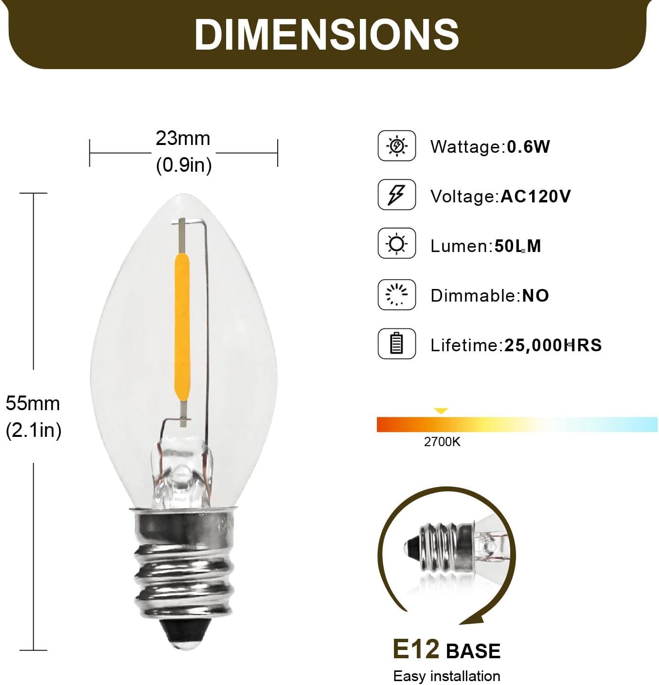 C7 0.6W 2700K con bombilla LED estándar E12 Candelabro, luz nocturna de repuesto, paquete de 6