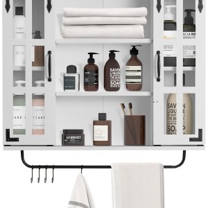 RUSTOWN Armario de baño de granja montado en la pared, armario de pared de madera rústica con dos puertas correderas de vidrio y estante ajustable, RUSTOWN Armario de baño de granja montado en la pared, armario de pared de madera rústica con dos puertas correderas de vidrio y estante ajustable,