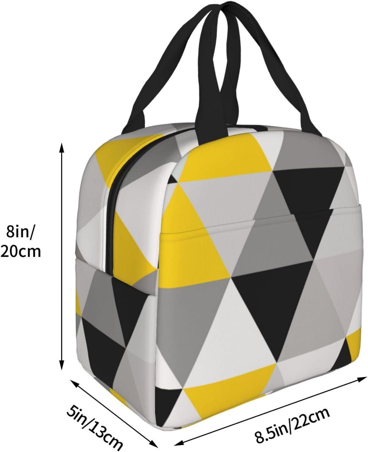 Bolsa de almuerzo reutilizable con aislamiento, triángulos geométricos blancos, amarillos y grises, caja de mano para preparación de comidas para